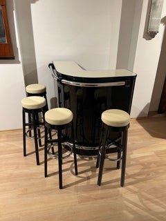 Art Deco Corner Bar with 4 Stools, Black Lacquer, Cream Glass, France circa 1930