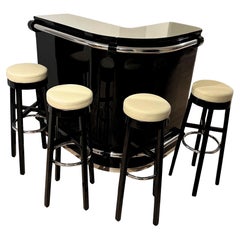 Art Deco Corner Bar with 4 Stools, Black Lacquer, Cream Glass, France circa 1930