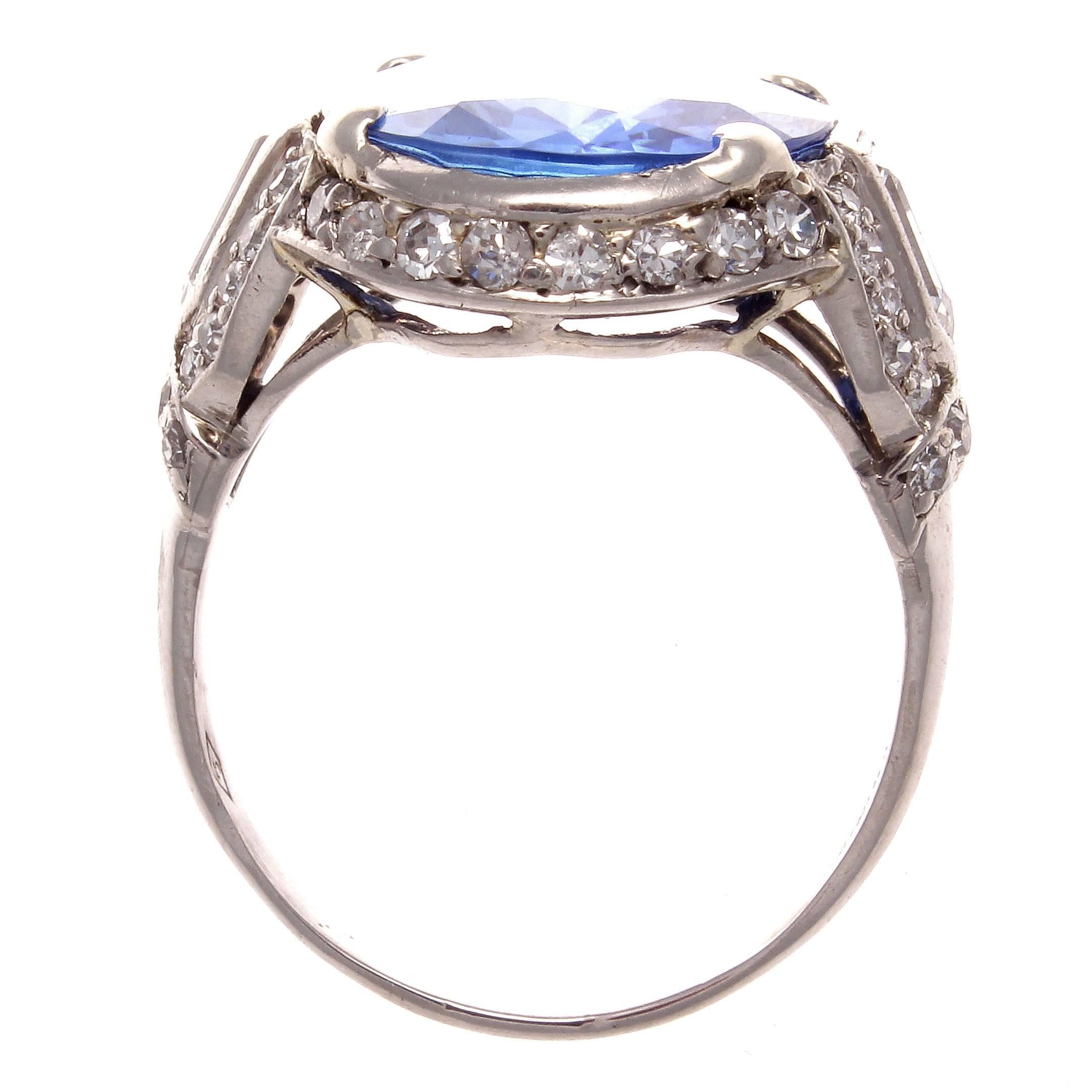 Art Deco Cornflower Sapphire Diamond Platinum Ring In Excellent Condition In Beverly Hills, CA