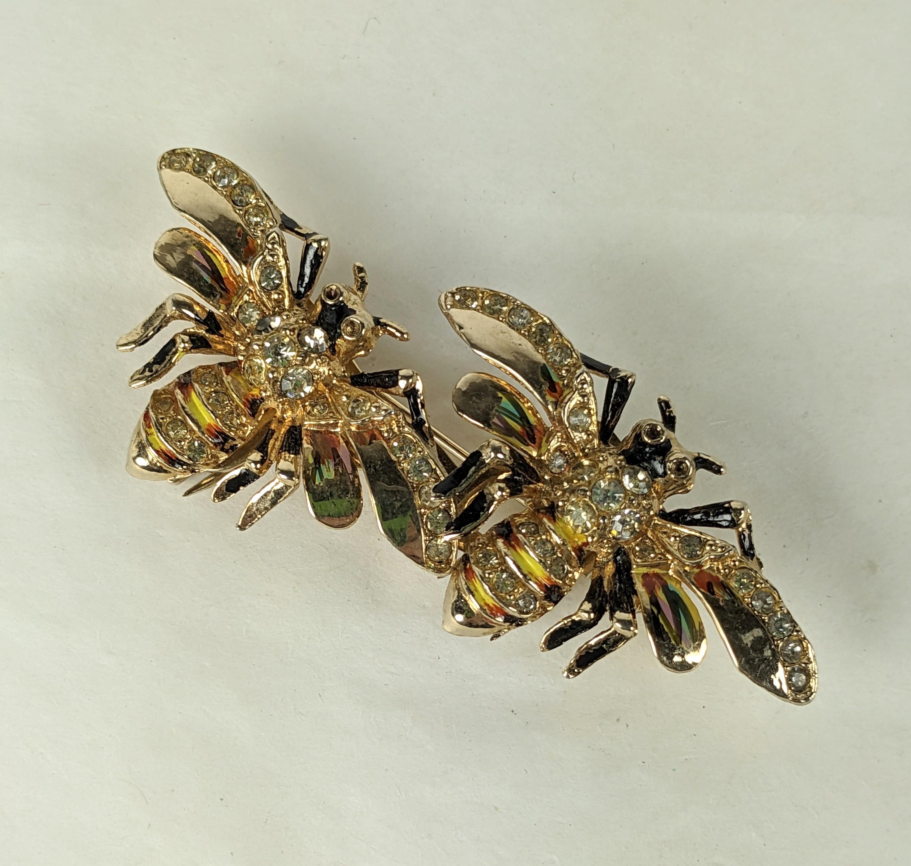 Charming Art Deco Coro Enamel Bee Duette from the 1930's. Pave and enamel bee clips are designed to be worn on a brooch together or separately as clips. 1930's USA. 3
