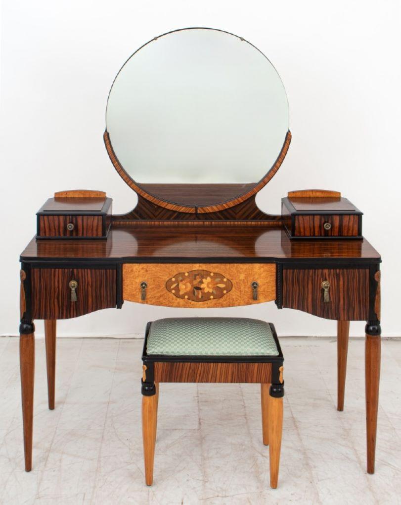 Art Deco Coromandel and Inlaid Marquetry Vanity and Custom Stool, stool with 