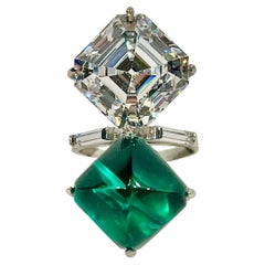 Art Decó Bisutería Anillo de amor Toi et Moi con diamantes y cabujón de esmeralda