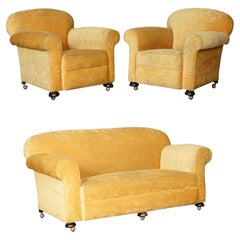 VICTORIAN COUNTRYHOUSE ORGINAL BEiGE FABRIC SOFA AND CLUB ARMCHAIRS SUITE