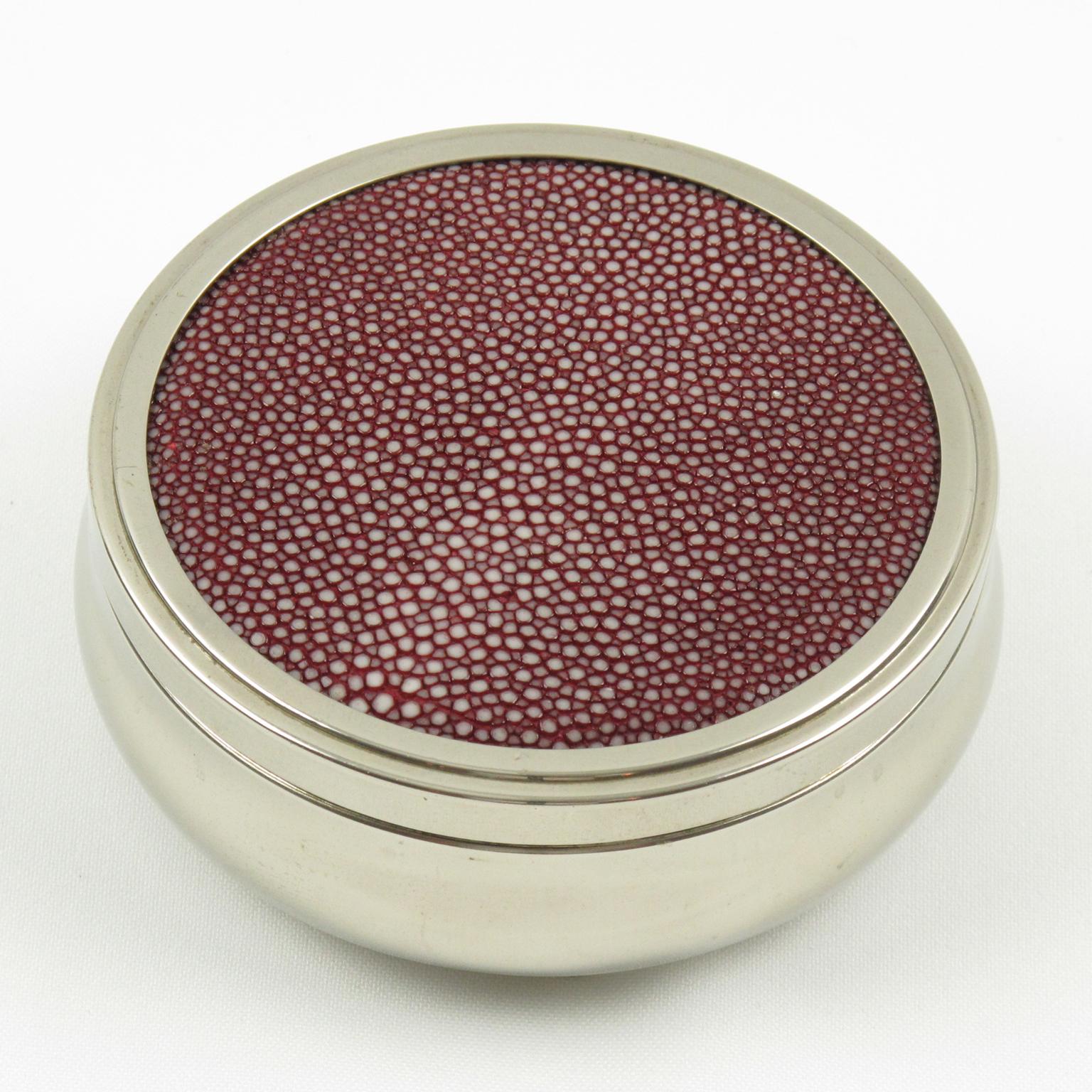 Art Deco Covered Round Box Chrome and Red Shagreen In Excellent Condition In Atlanta, GA