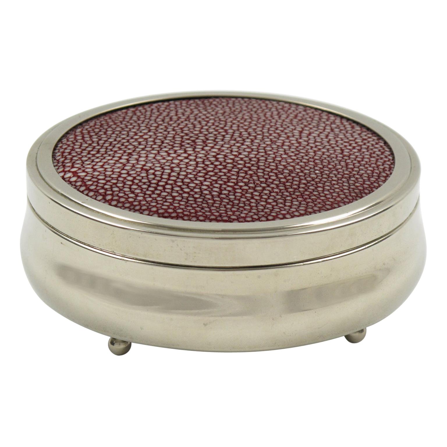 Art Deco Covered Round Box Chrome and Red Shagreen