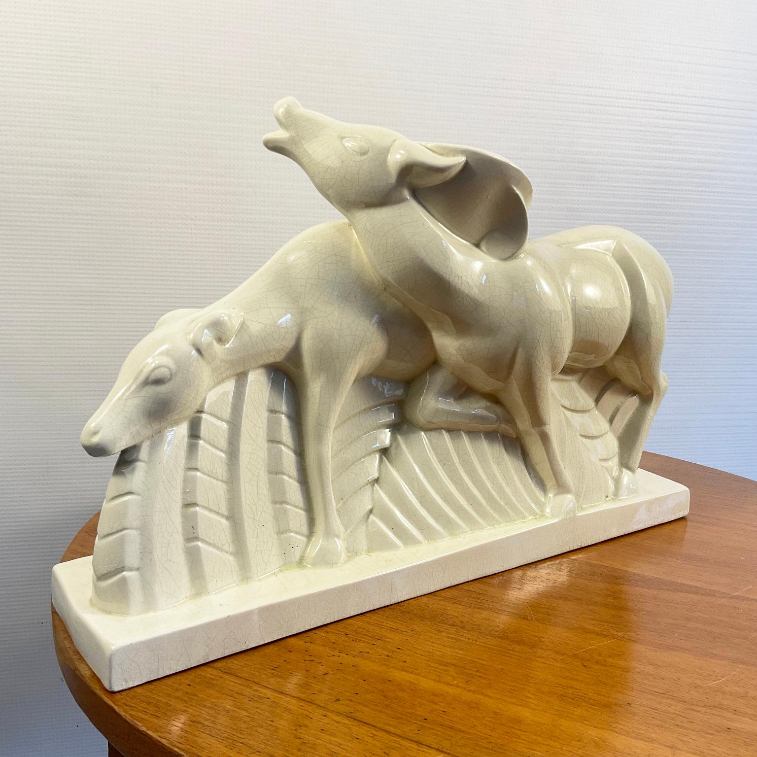 Art Deco Cracked Ceramic Statuette by Charles Lemanceau for Saint-Clément In Good Condition For Sale In London, GB