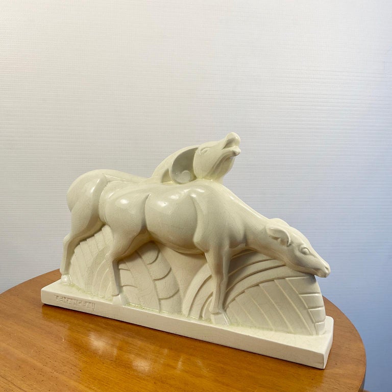 Ancienne Et Rare Céramique Lemanceau Art Déco - Antilopes à La Robe Perlée