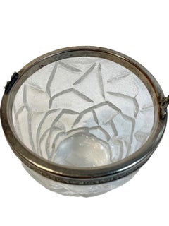 Art Deco Cracked Ice Molded Ice Bucket with Silver Plate Rim and Handle