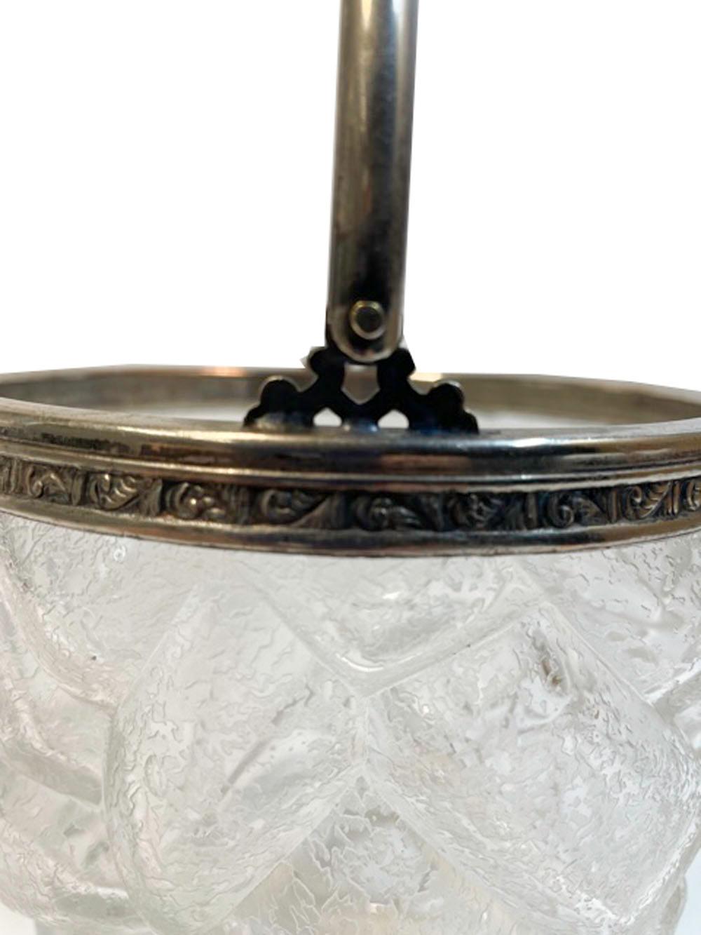 20th Century Art Deco Cracked Ice Molded Ice Bucket with Silver Plate Rim and Handle For Sale