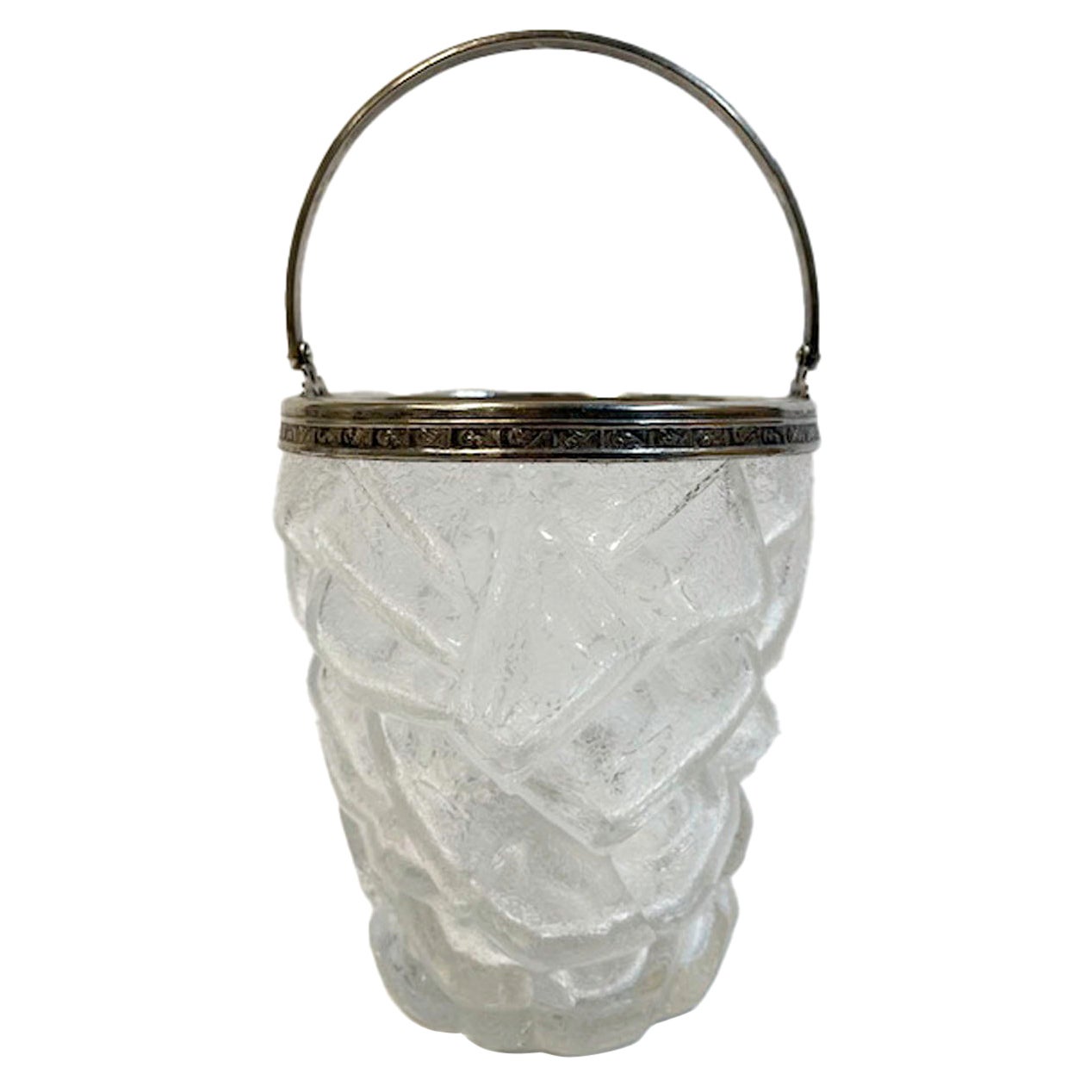 Art Deco Cracked Ice Molded Ice Bucket with Silver Plate Rim and Handle