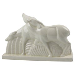 Art Deco Crackle Ceramic Antelope Deer Sculpture by Charles Lemanceau, 1920s