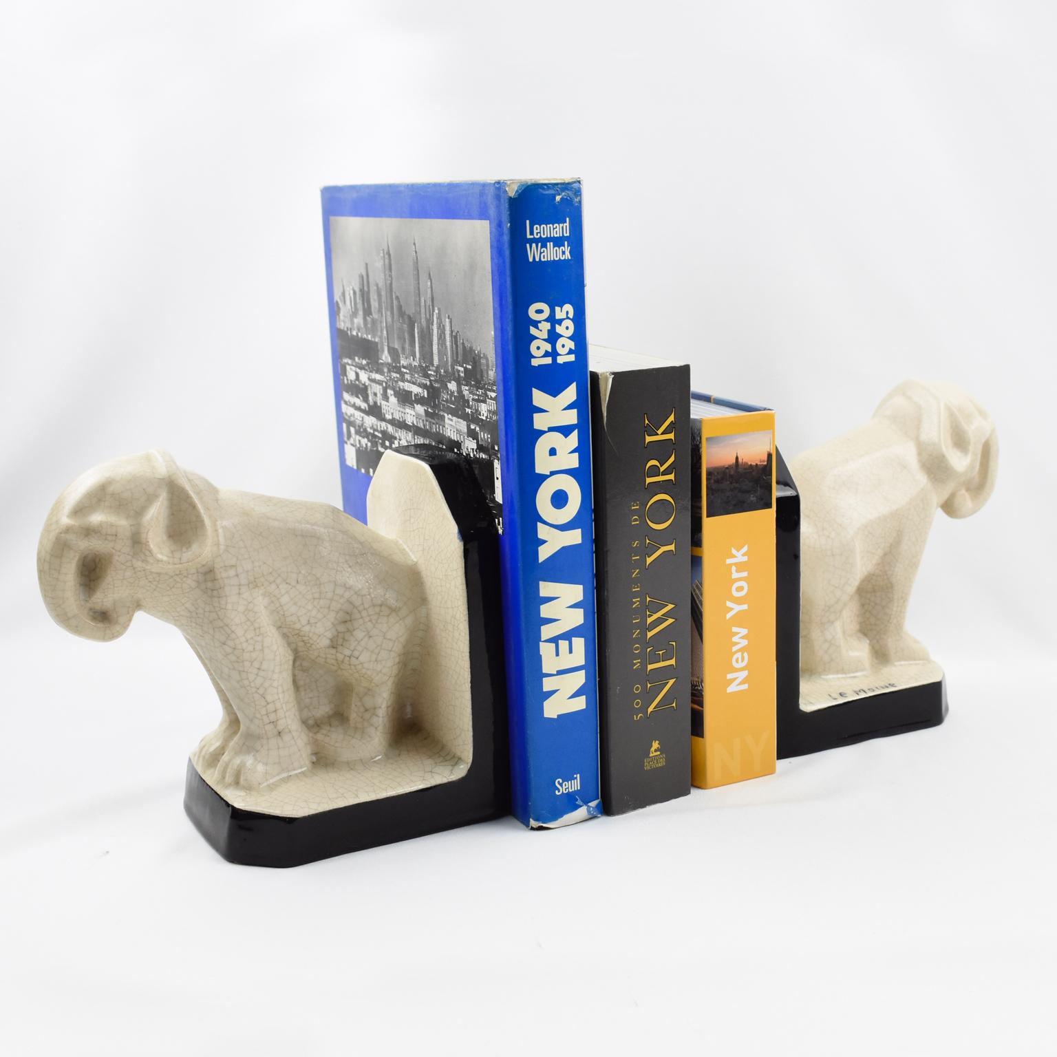 French Art Deco Crackle Ceramic Elephant Sculpture Bookends by Le Moine, France 1930s For Sale