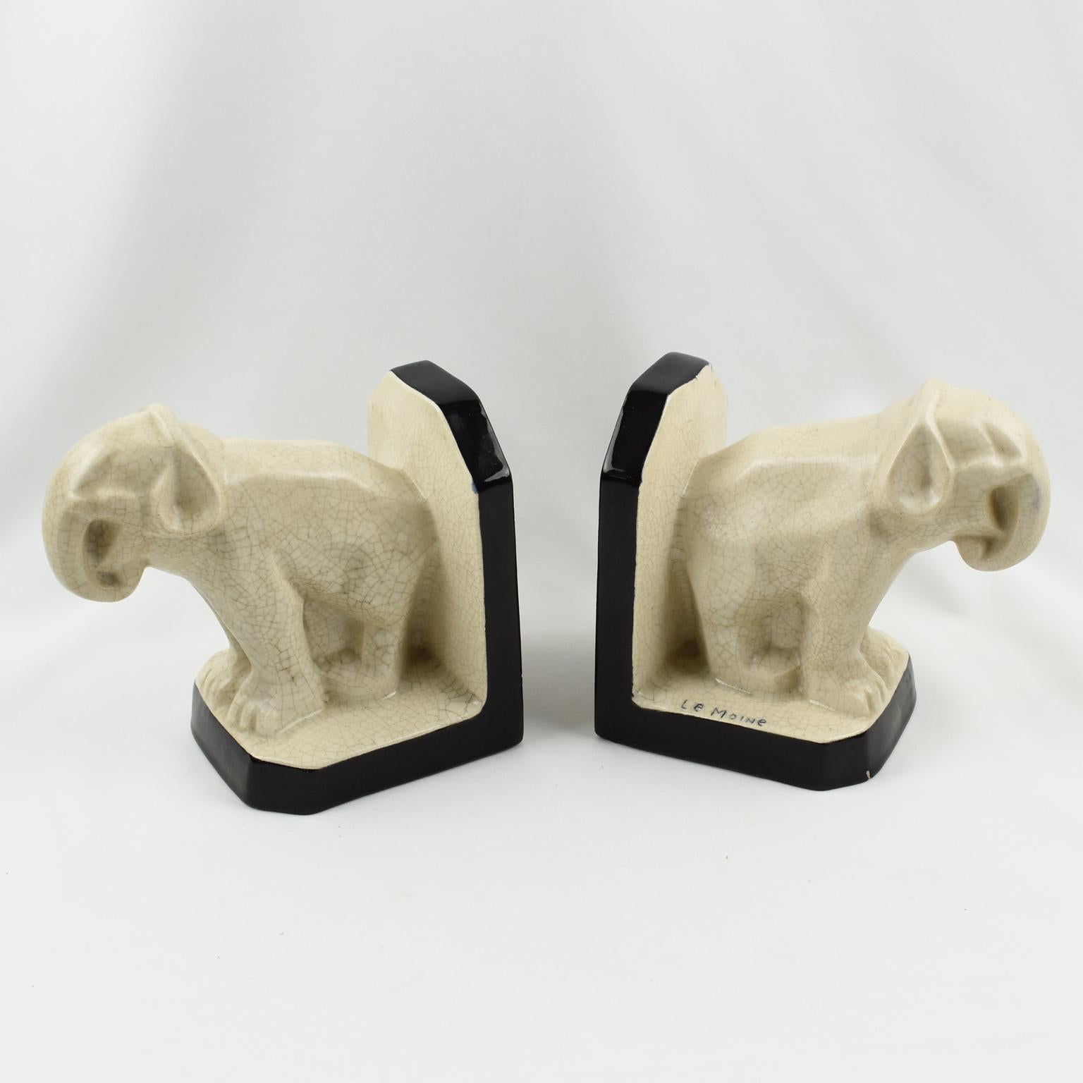 Early 20th Century Art Deco Crackle Ceramic Elephant Sculpture Bookends by Le Moine, France 1930s For Sale