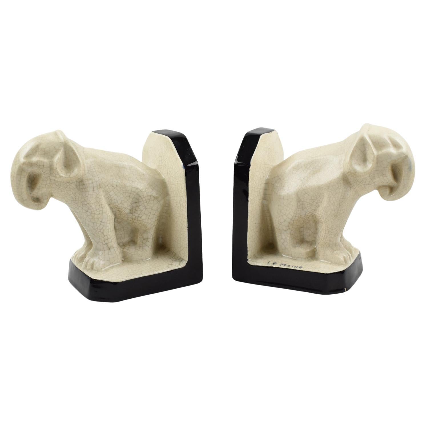 Art Deco Crackle Ceramic Elephant Sculpture Bookends by Le Moine, France 1930s For Sale