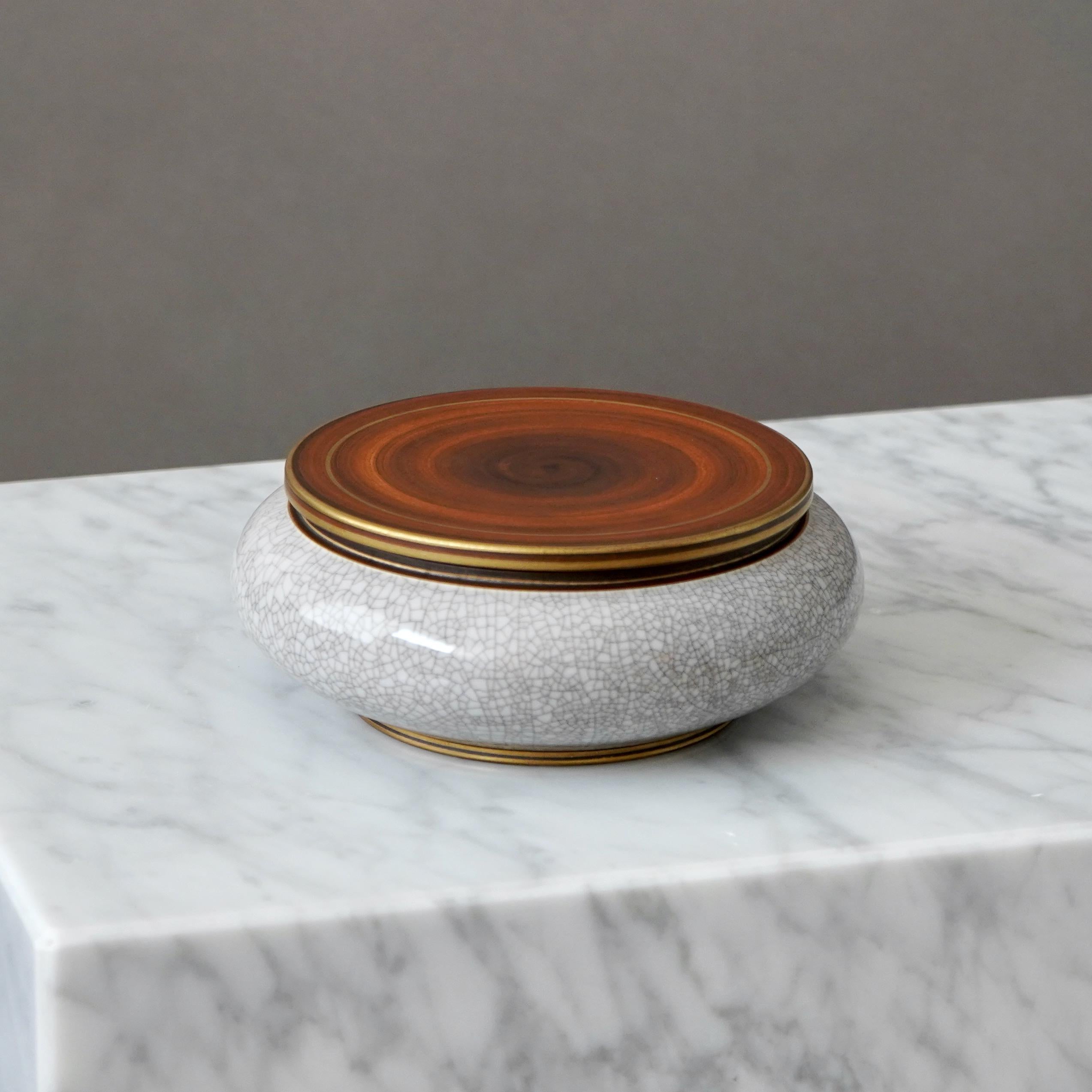 Swedish Art Deco Crackle Glazed Lidded Bowl by Gunnar Nylund for ALP, Sweden, 1930s For Sale