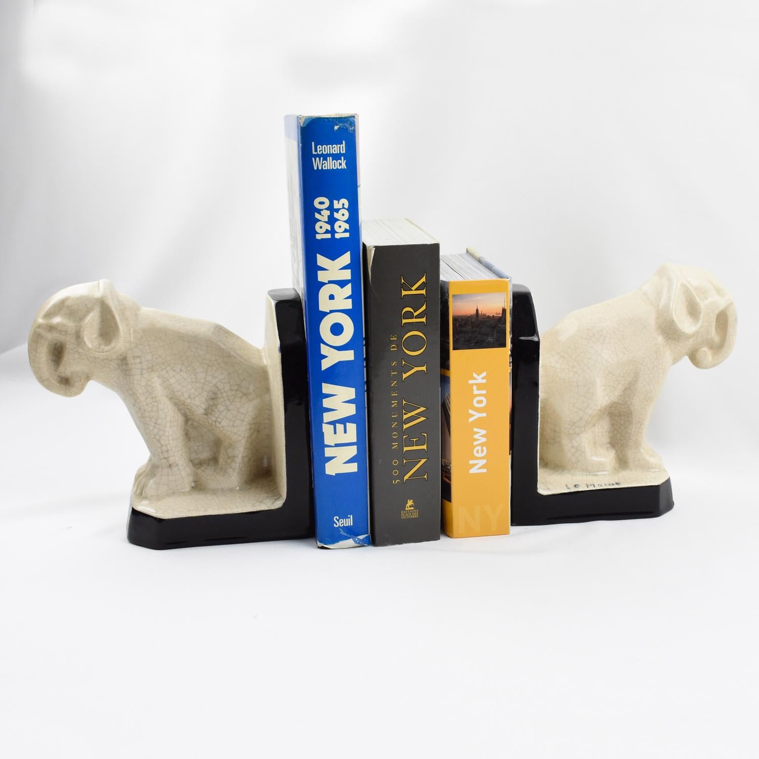 Art Deco Crackled Faience Elephant Sculpture Bookends by Le Moine, circa 1930 For Sale 4