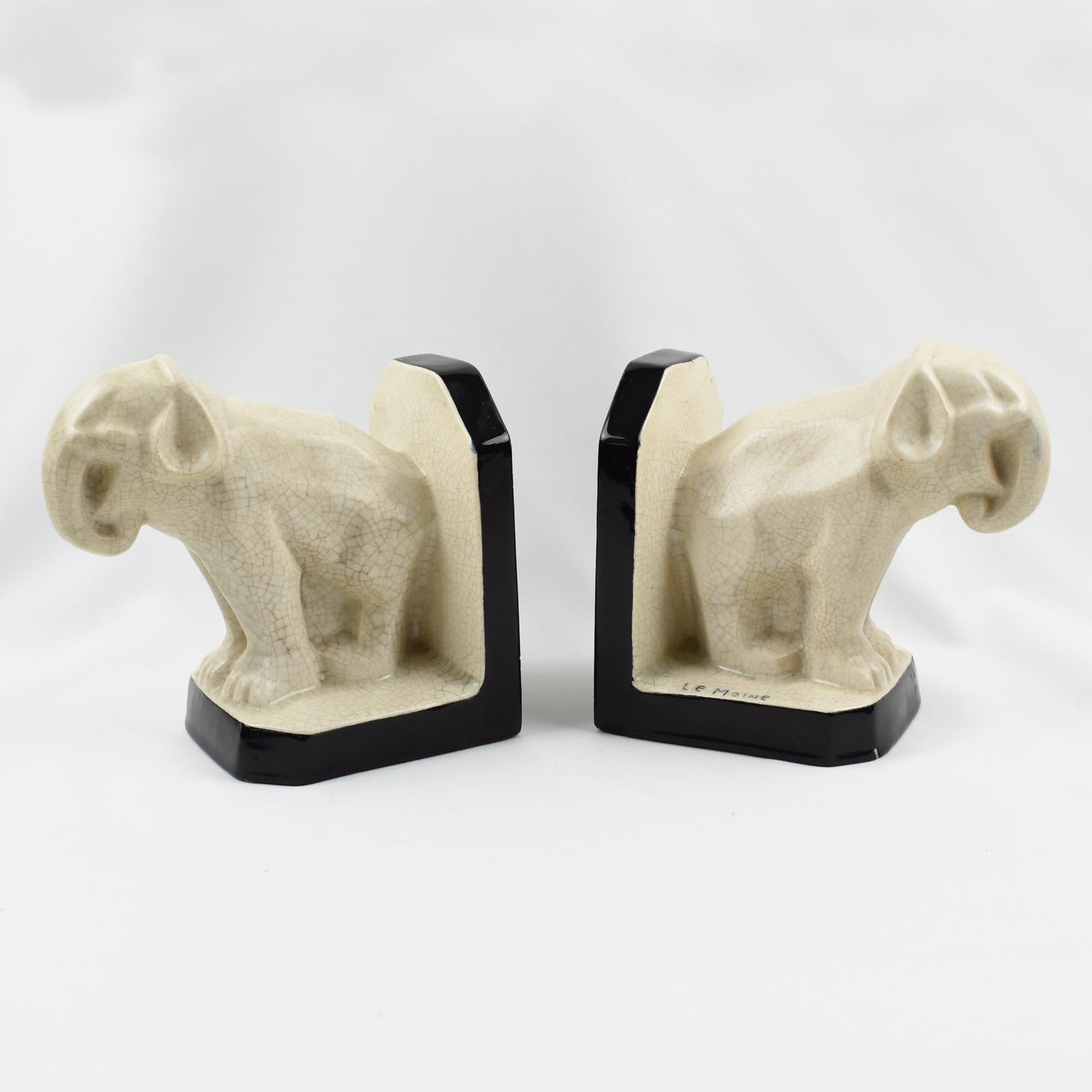 French Art Deco Crackled Faience Elephant Sculpture Bookends by Le Moine, circa 1930 For Sale