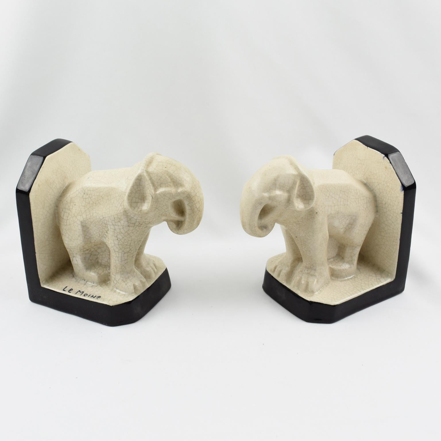 Art Deco Crackled Faience Elephant Sculpture Bookends by Le Moine, circa 1930 In Good Condition For Sale In Atlanta, GA