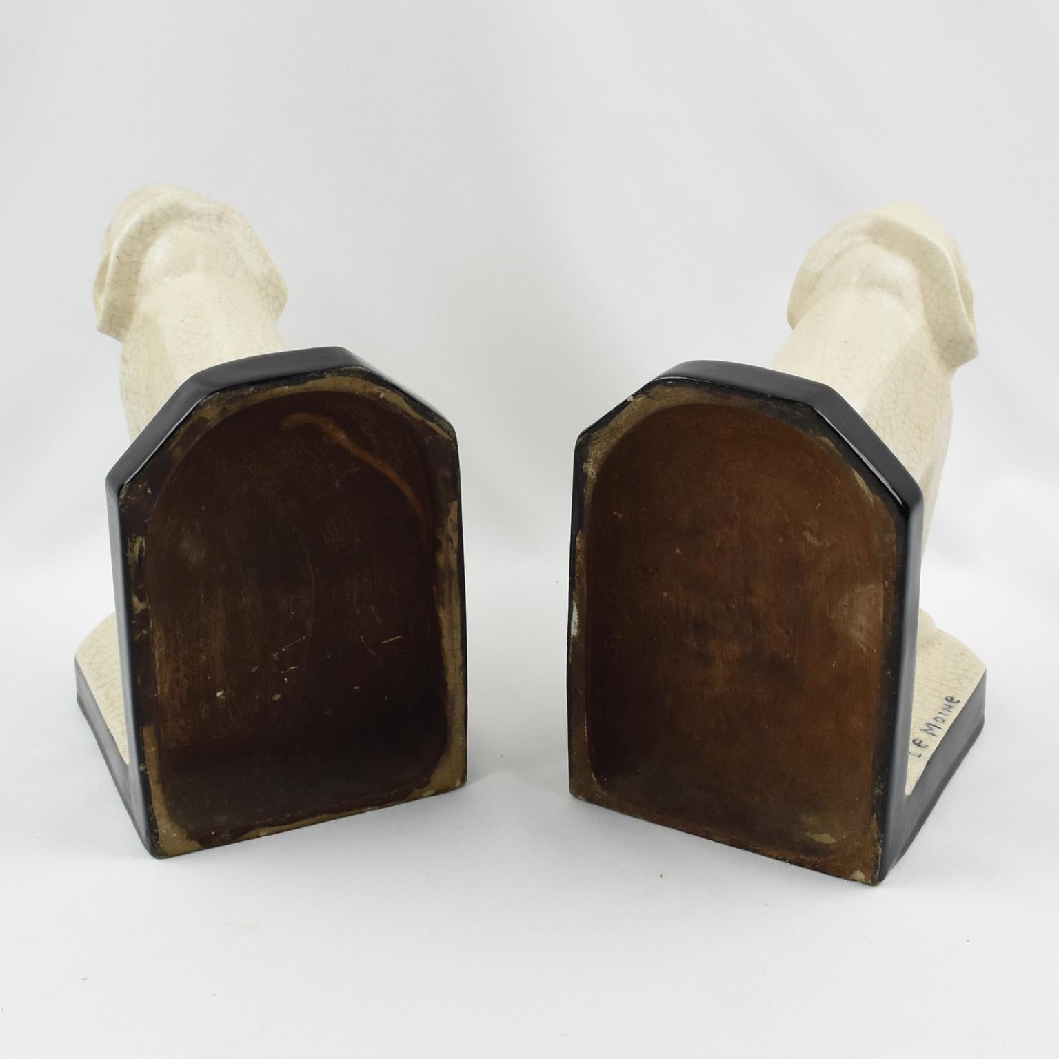 Mid-20th Century Art Deco Crackled Faience Elephant Sculpture Bookends by Le Moine, circa 1930 For Sale