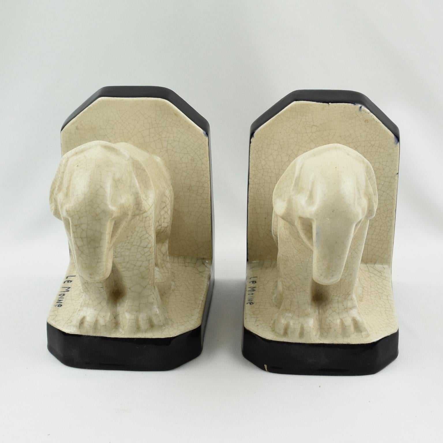 Ceramic Art Deco Crackled Faience Elephant Sculpture Bookends by Le Moine, circa 1930 For Sale