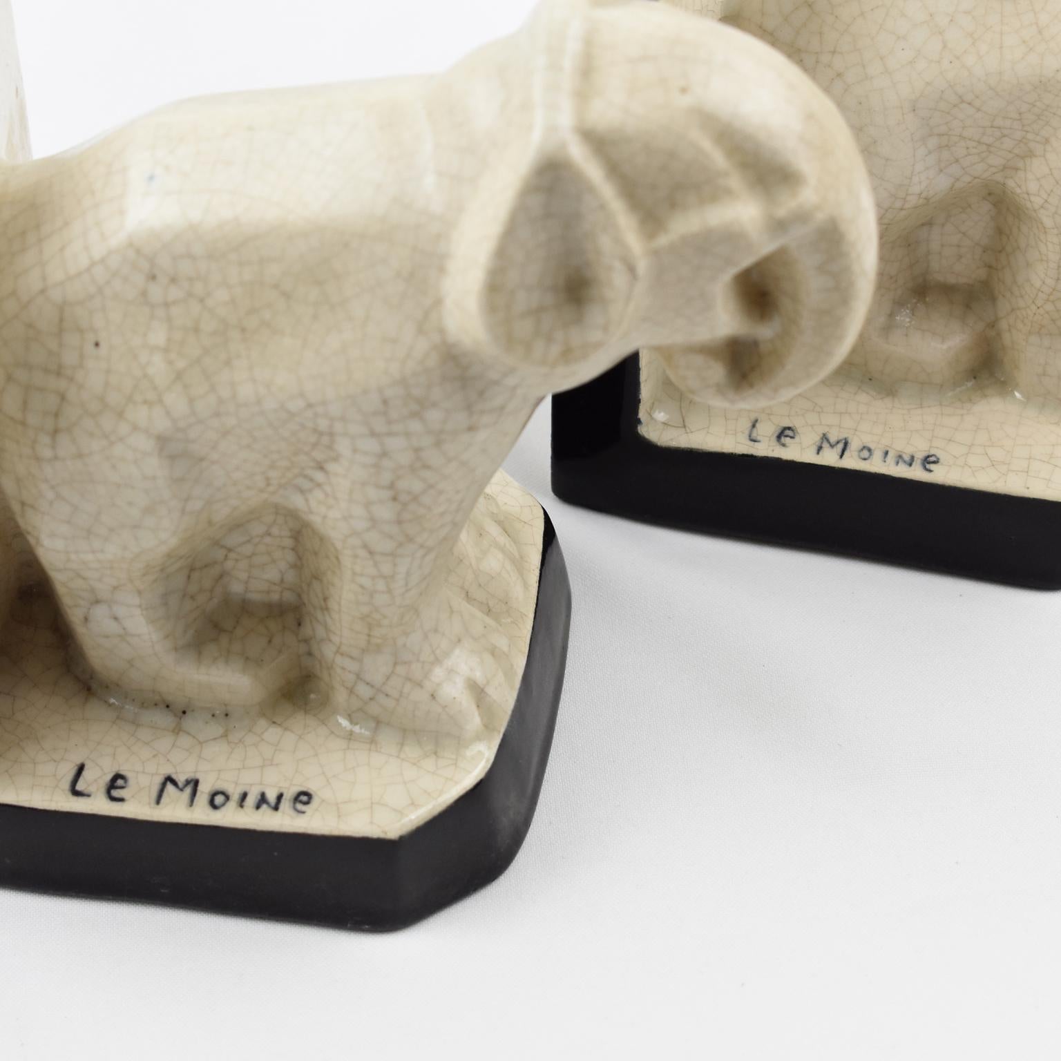 Art Deco Crackled Faience Elephant Sculpture Bookends by Le Moine, circa 1930 For Sale 2