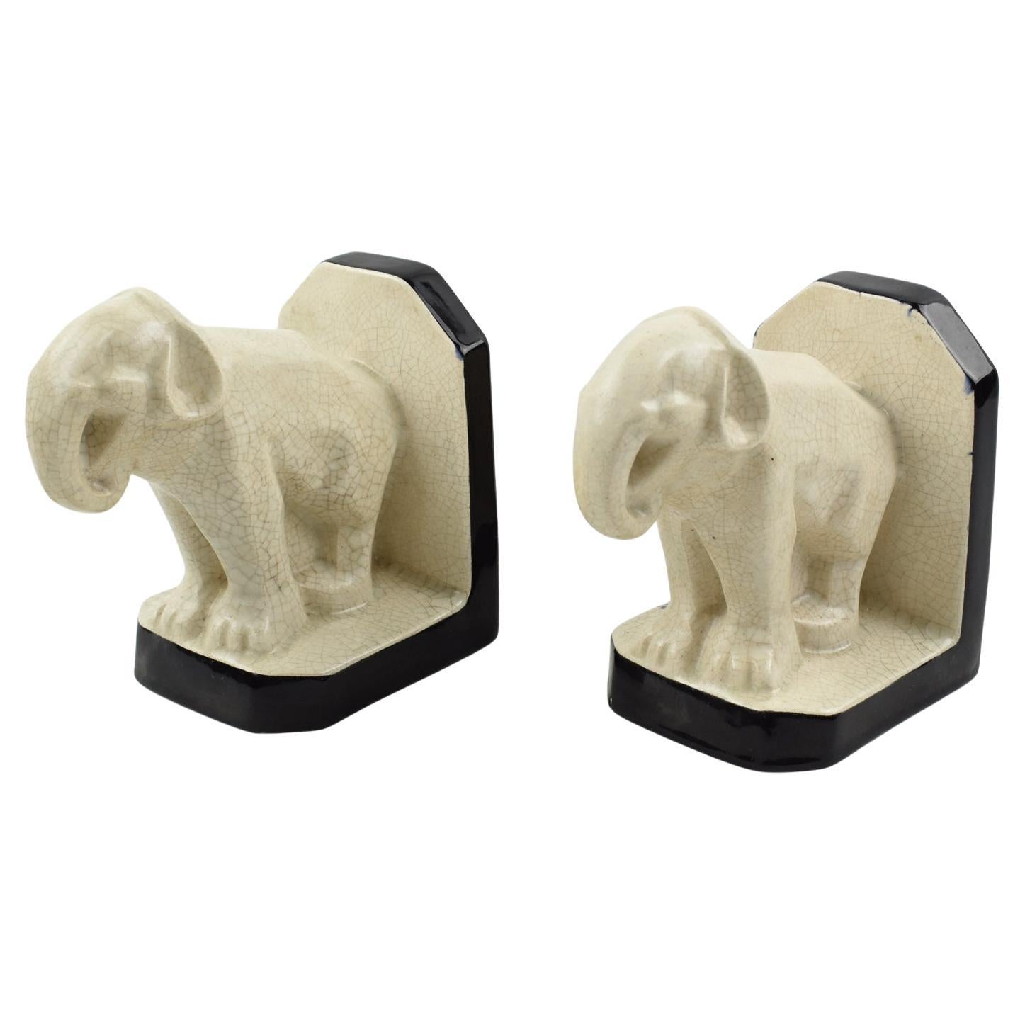 Art Deco Crackled Faience Elephant Sculpture Bookends by Le Moine, circa 1930 For Sale