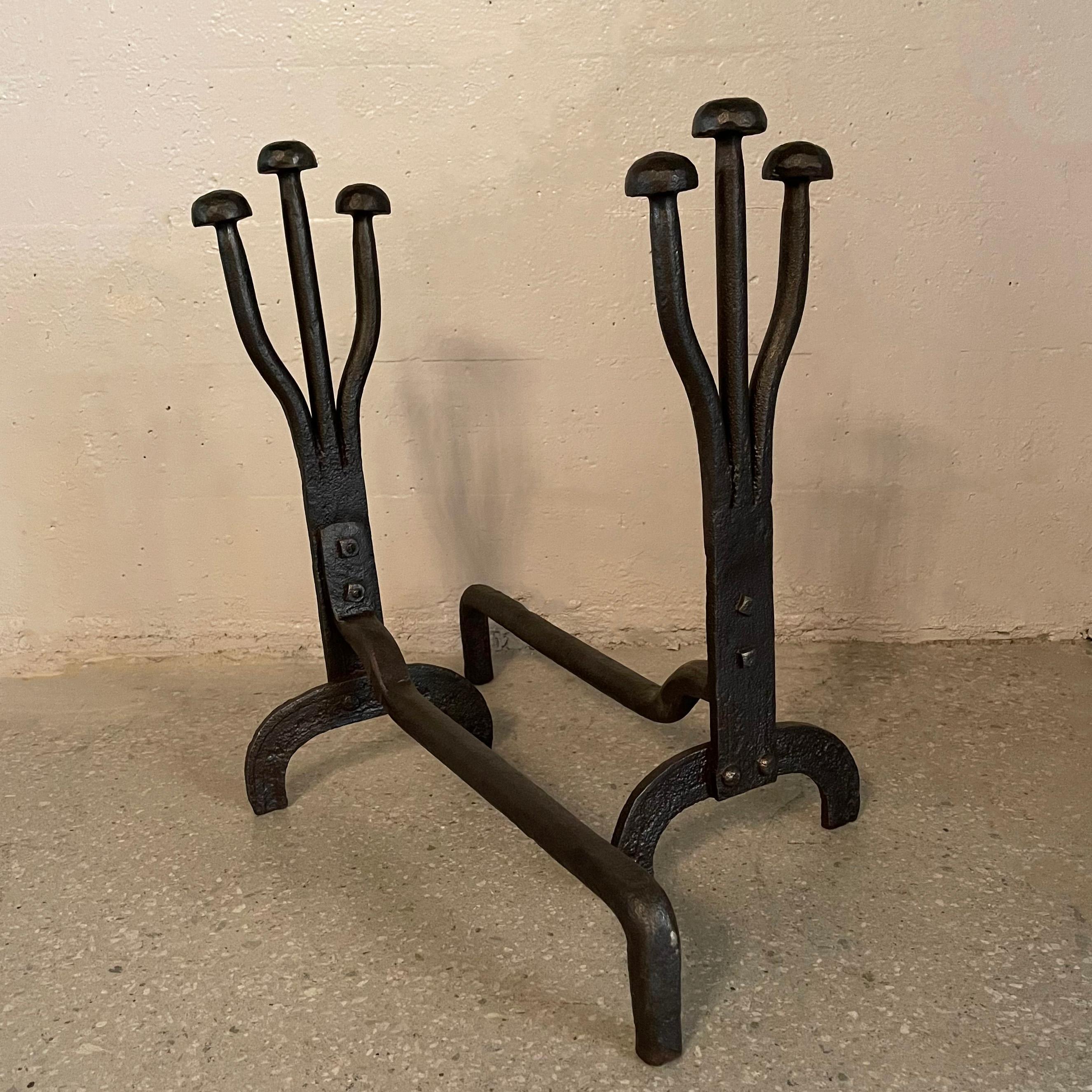 Iron Art Deco Craftsman Hand-Forged Andirons For Sale