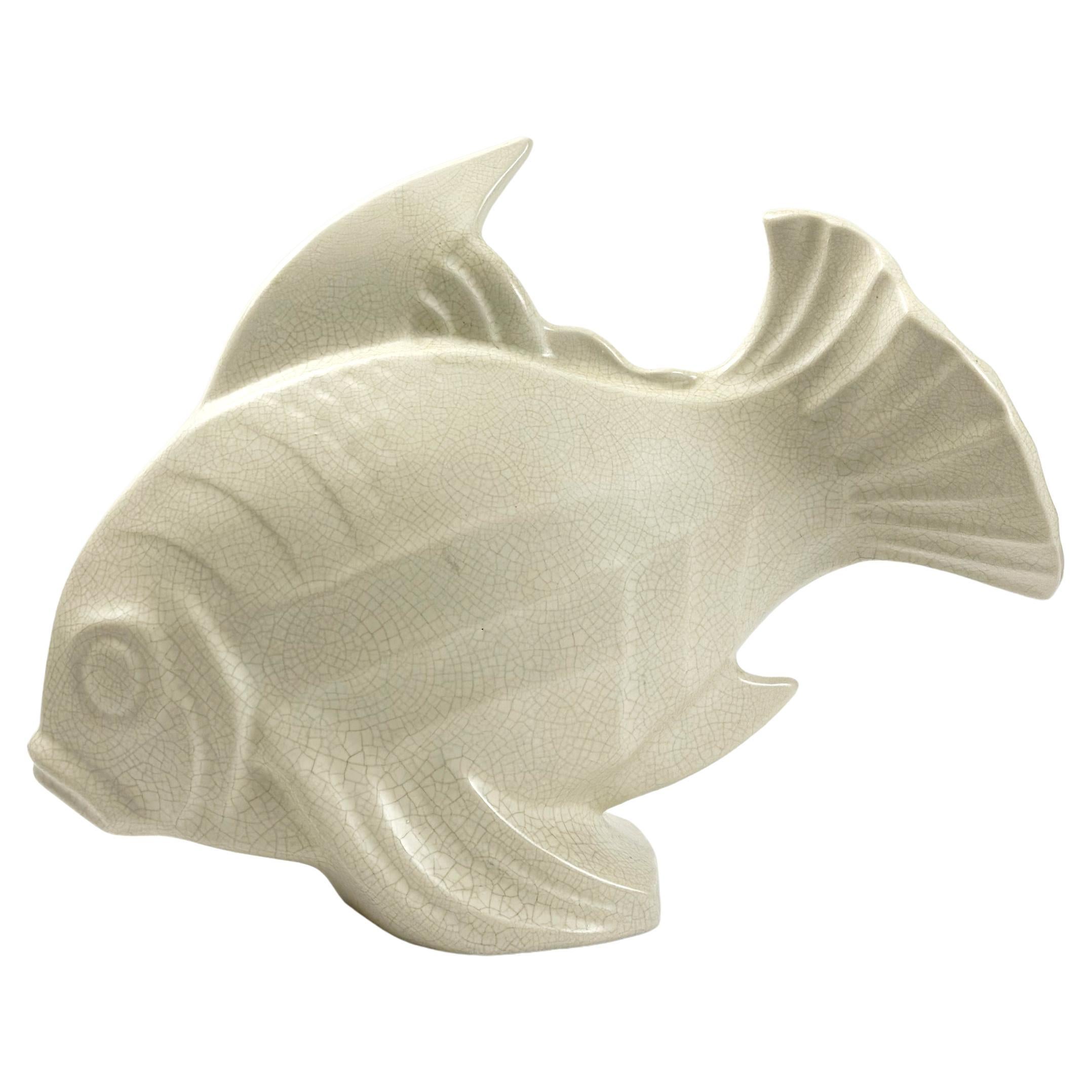 Art Deco Craquele Ceramic Koi Fish Sculpture by Lejan for Orchies, France For Sale