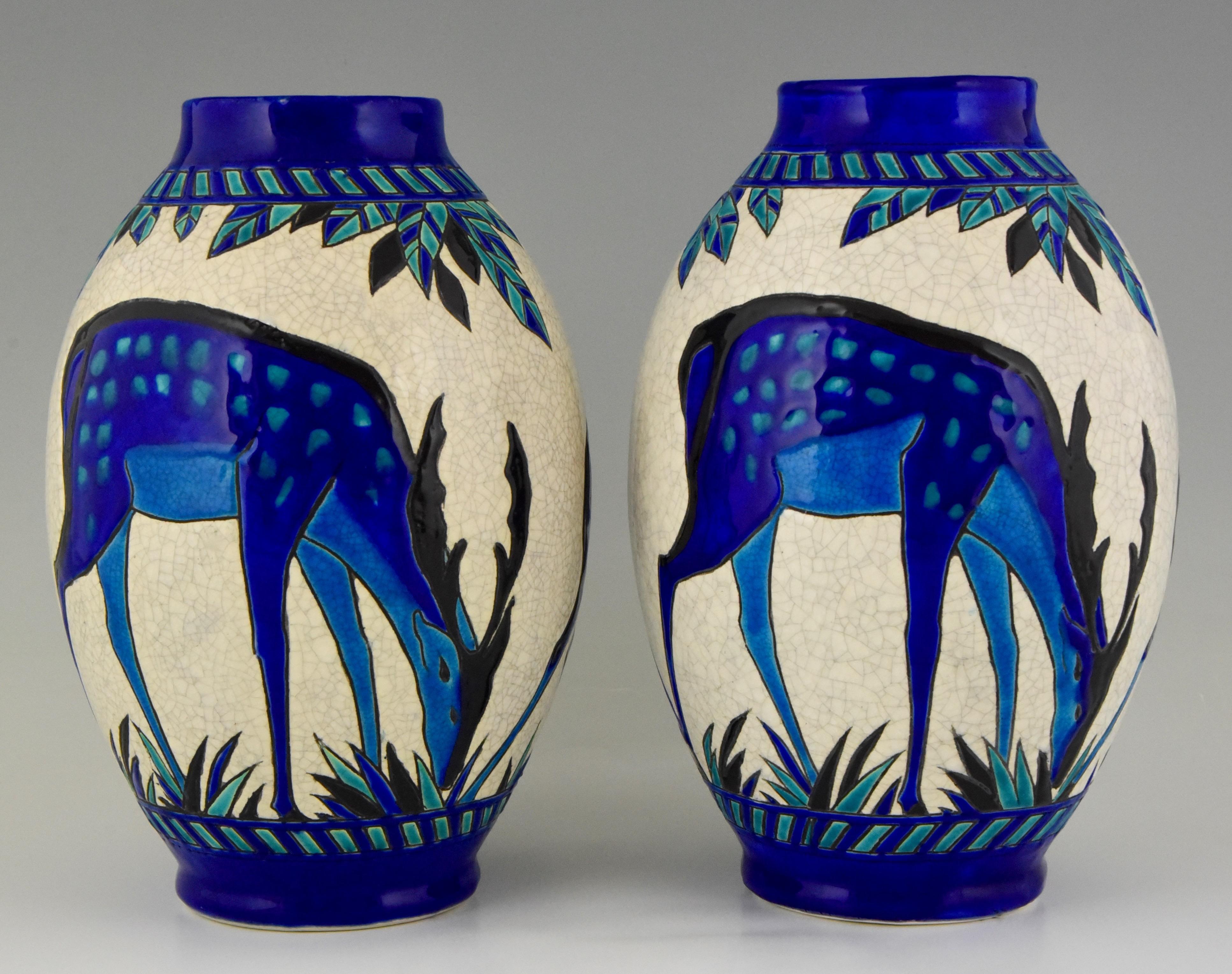 Belgian Art Deco Craquelé Ceramic Vases with Blue Deer Charles Catteau for Keramis, Pair