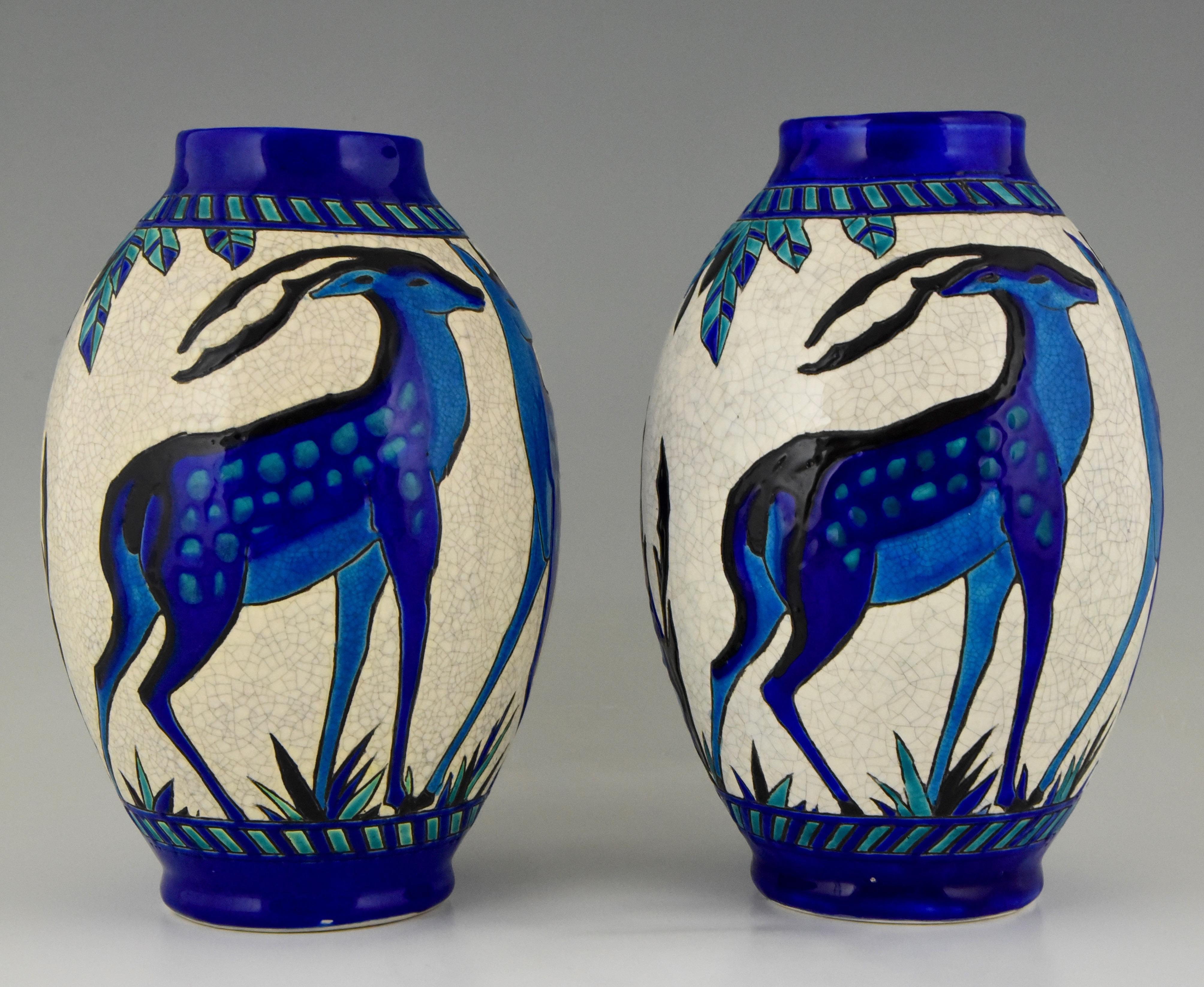Art Deco Craquelé Ceramic Vases with Blue Deer Charles Catteau for Keramis, Pair In Good Condition In Antwerp, BE