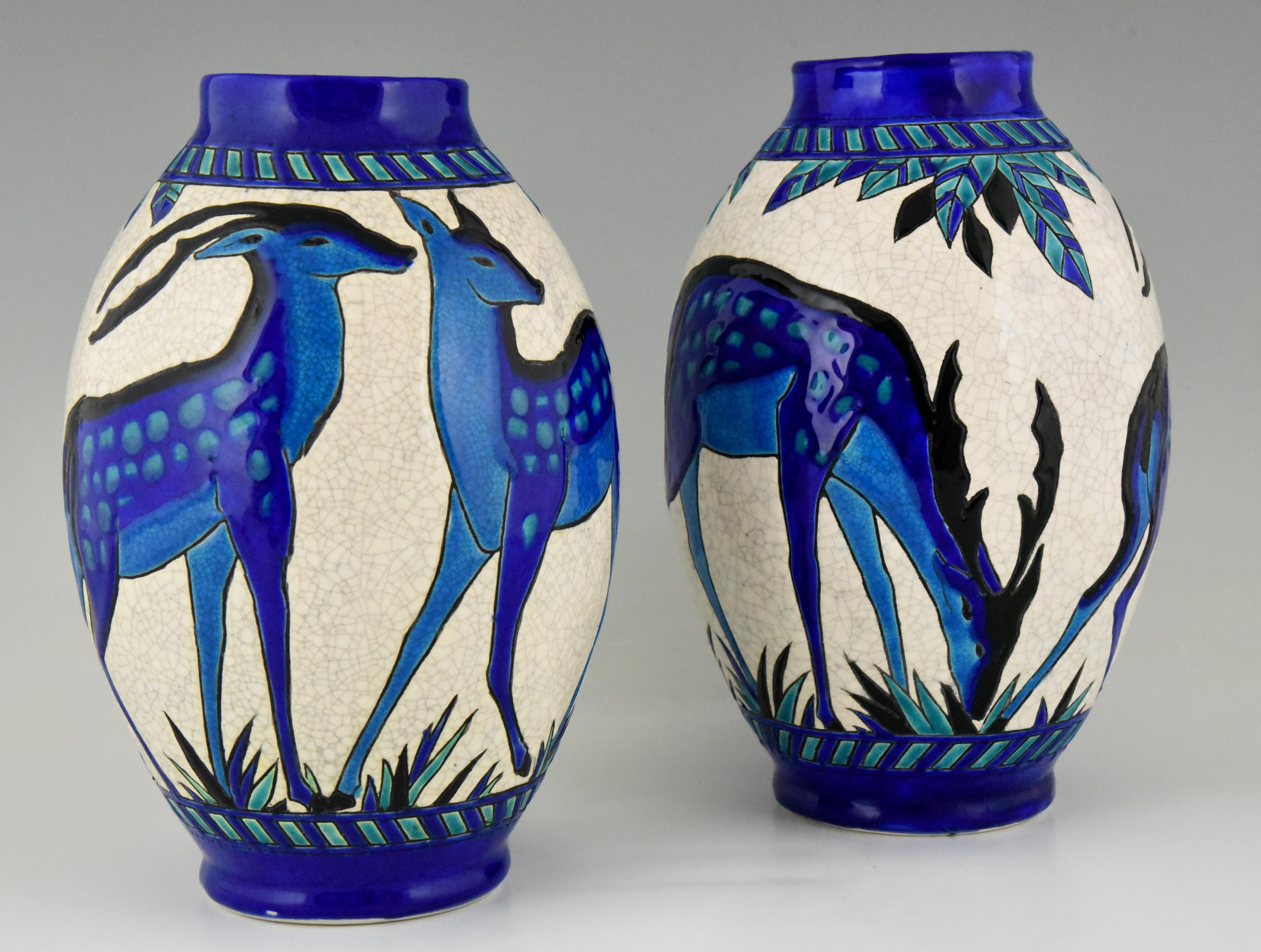 20th Century Art Deco Craquelé Ceramic Vases with Blue Deer Charles Catteau for Keramis, Pair