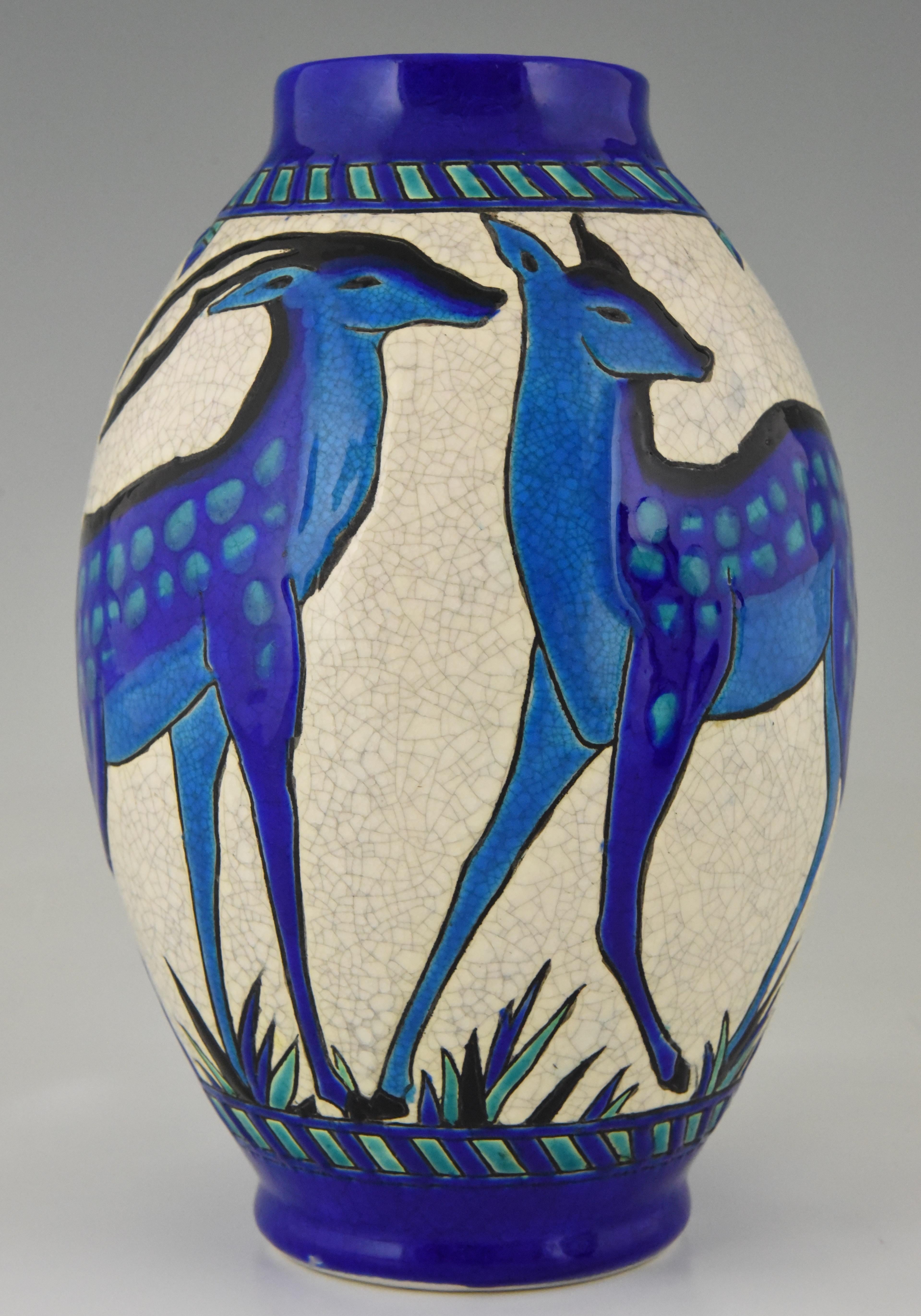 Art Deco Craquelé Ceramic Vases with Blue Deer Charles Catteau for Keramis, Pair 1
