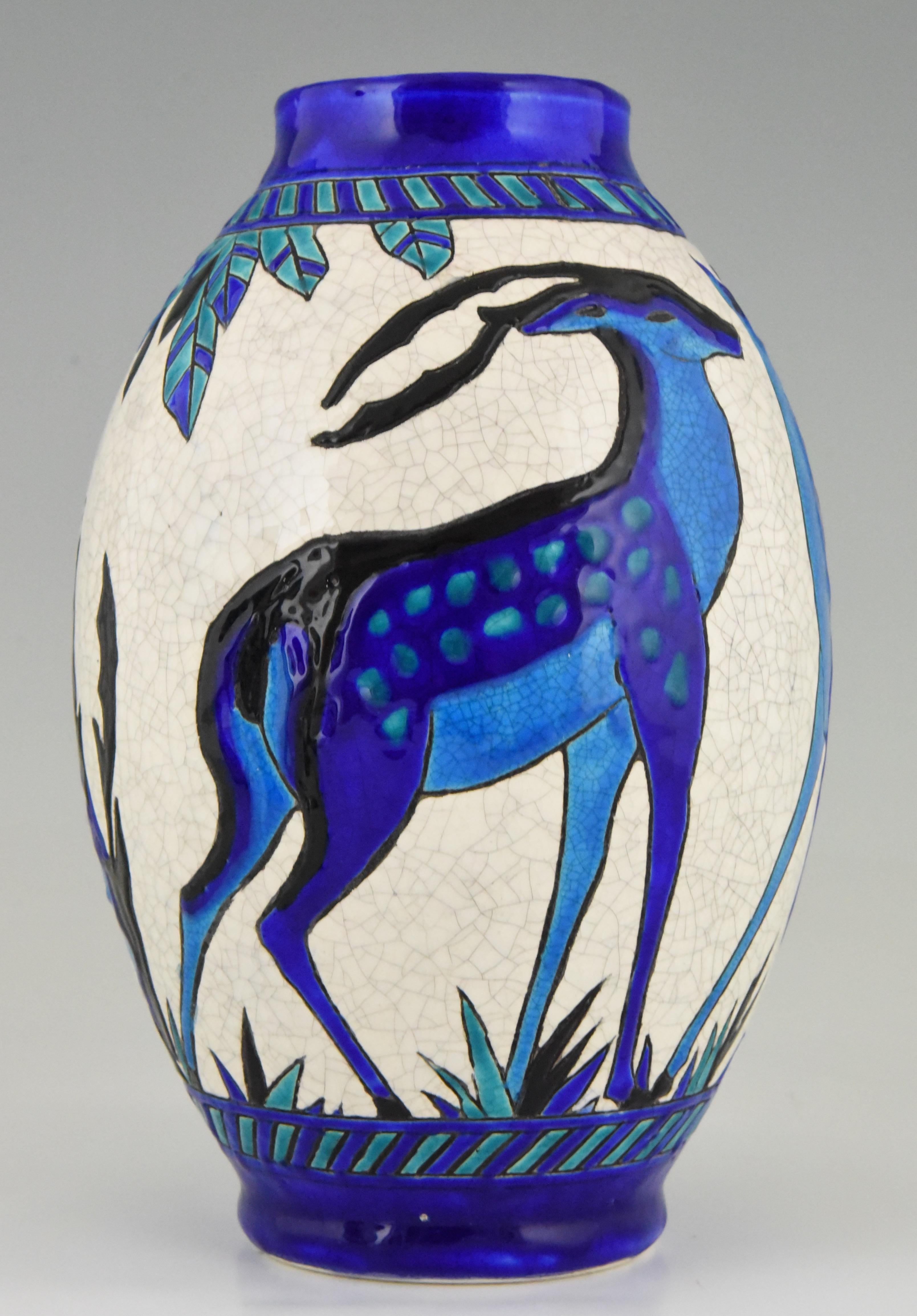 Art Deco Craquelé-Keramikvasen mit blauem Hirsch Charles Catteau für Keramis:: Paar 1