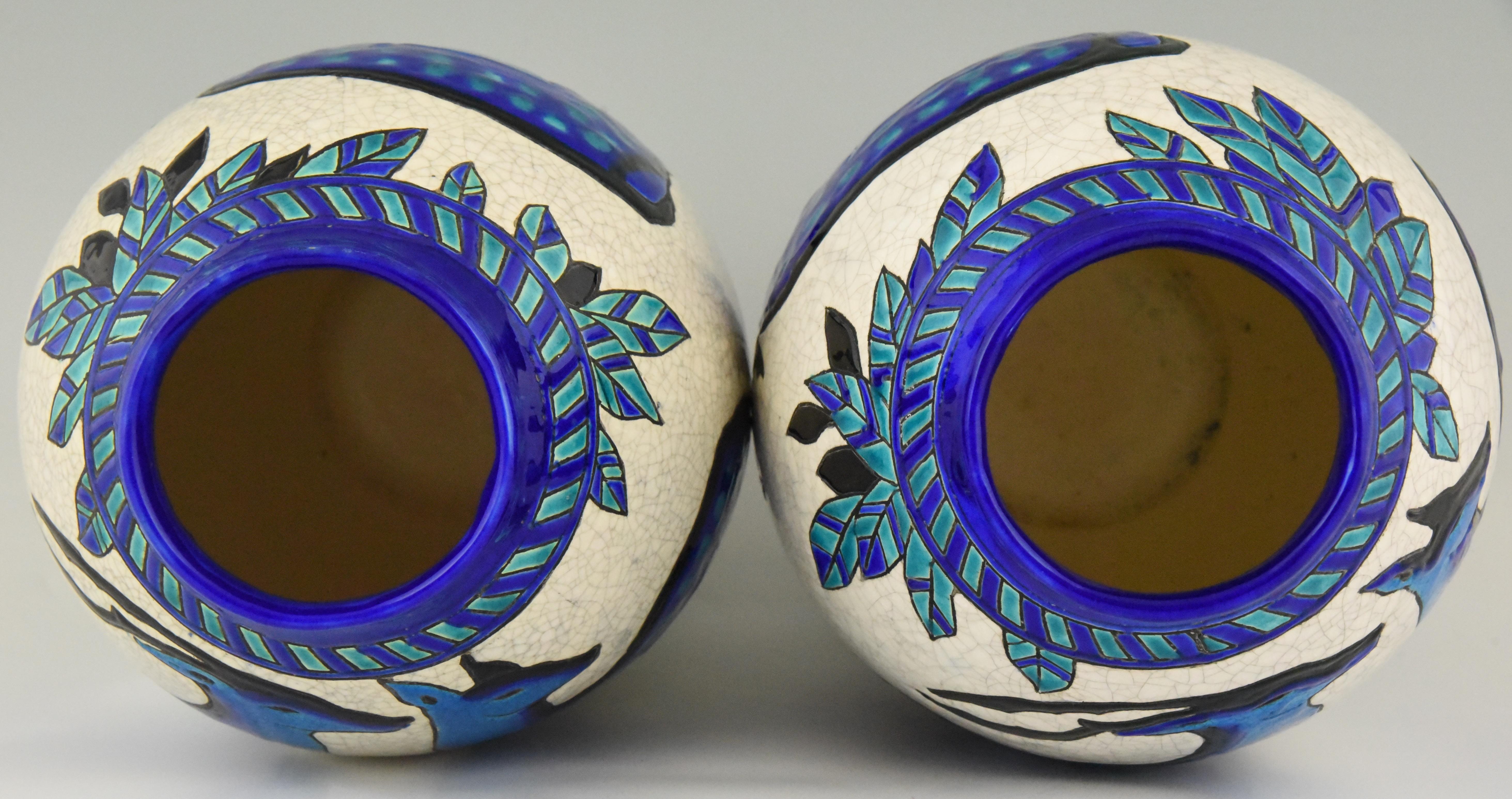 Art Deco Craquelé-Keramikvasen mit blauem Hirsch Charles Catteau für Keramis:: Paar 2