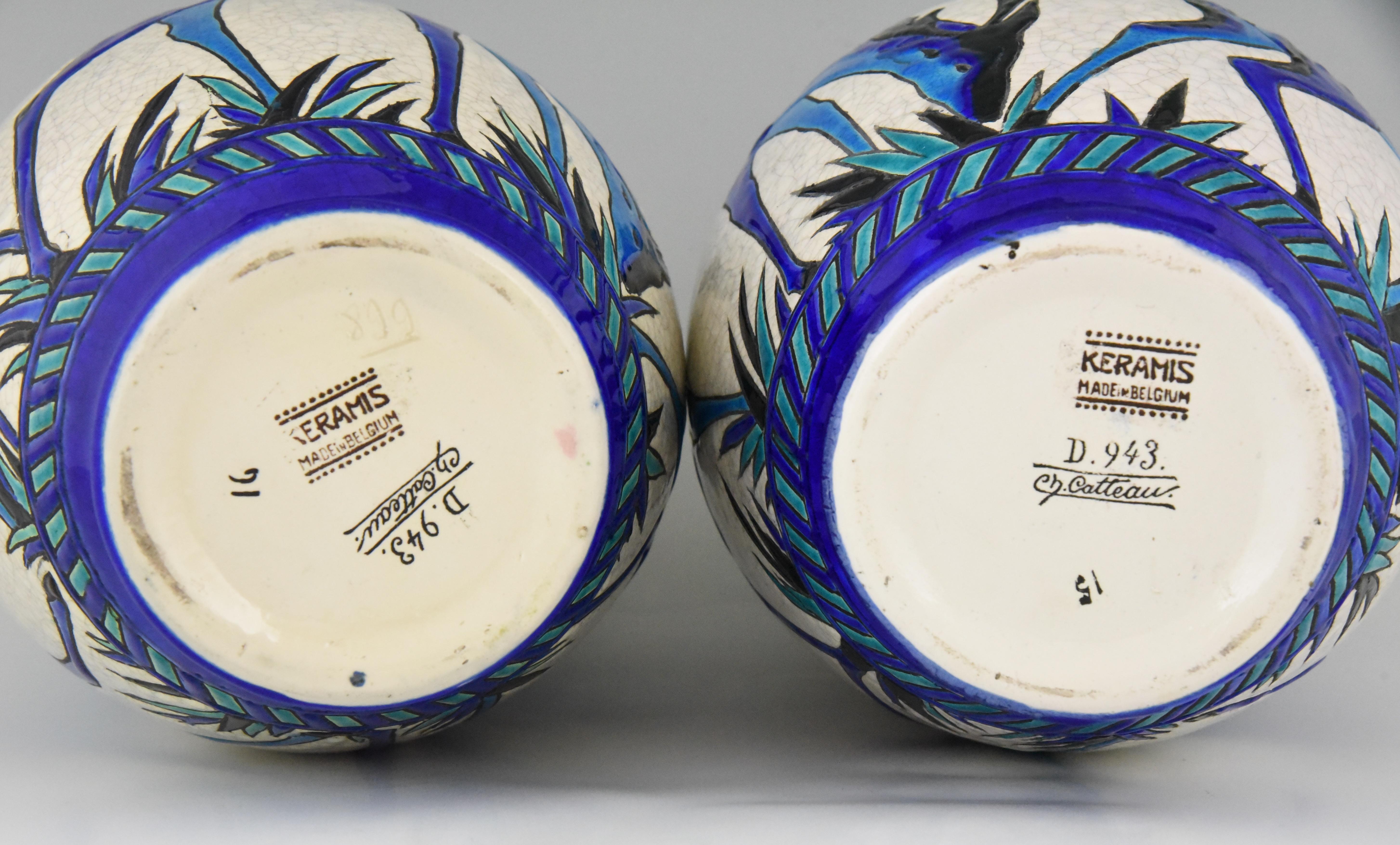 Art Deco Craquelé Ceramic Vases with Blue Deer Charles Catteau for Keramis, Pair 4