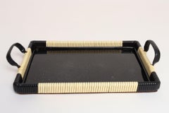 Bandeja de tocador/servicio Art Decó de caucho tejido crema y negro con superficie de cristal