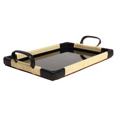 Bandeja de tocador/servicio Art Decó de caucho tejido crema y negro con superficie de cristal