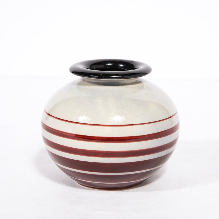 Art Deco Cream Ceramic Vase w/ Crimson Detailing by Ilse Claesson for Rörstrand In Excellent Condition For Sale In New York, NY
