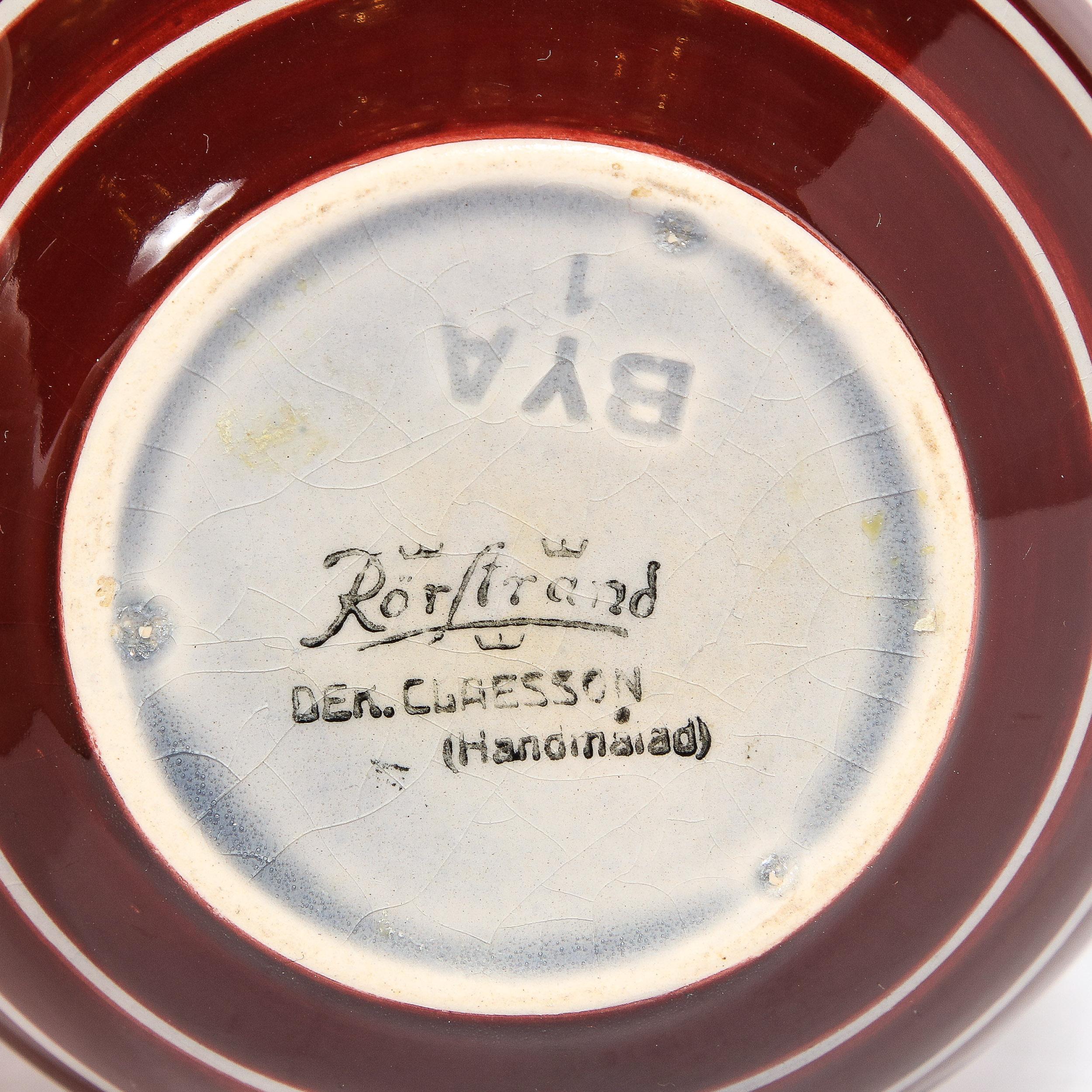 Hand-Painted Art Deco Cream Ceramic Vase w/ Crimson Detailing by Ilse Claesson for Rörstrand For Sale