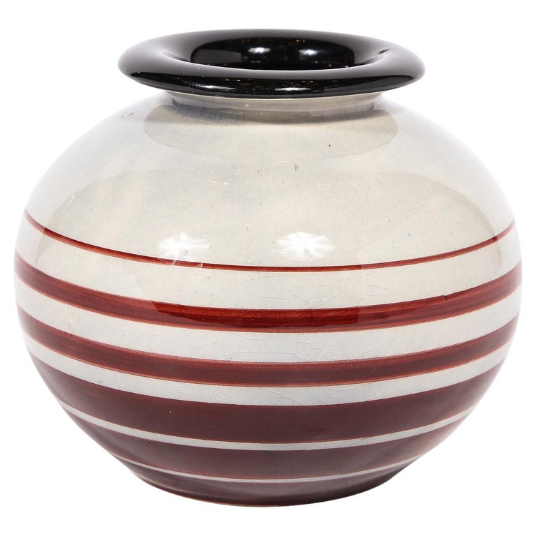 Art Deco Cream Ceramic Vase w/ Crimson Detailing by Ilse Claesson for Rörstrand For Sale