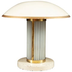 Art Deco Cream Enamel, Brass Metal and Glass Desk Lamp with Domed Shade