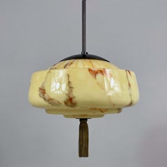 Art Deco Cream Marbled Opaline & Burnished Metal Tassel Pendant, Germany 1930