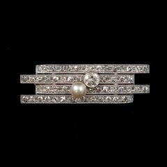 Art Deco Cream Natural Pearl Diamond Geometric Plaque Brooch Platinum 1930s