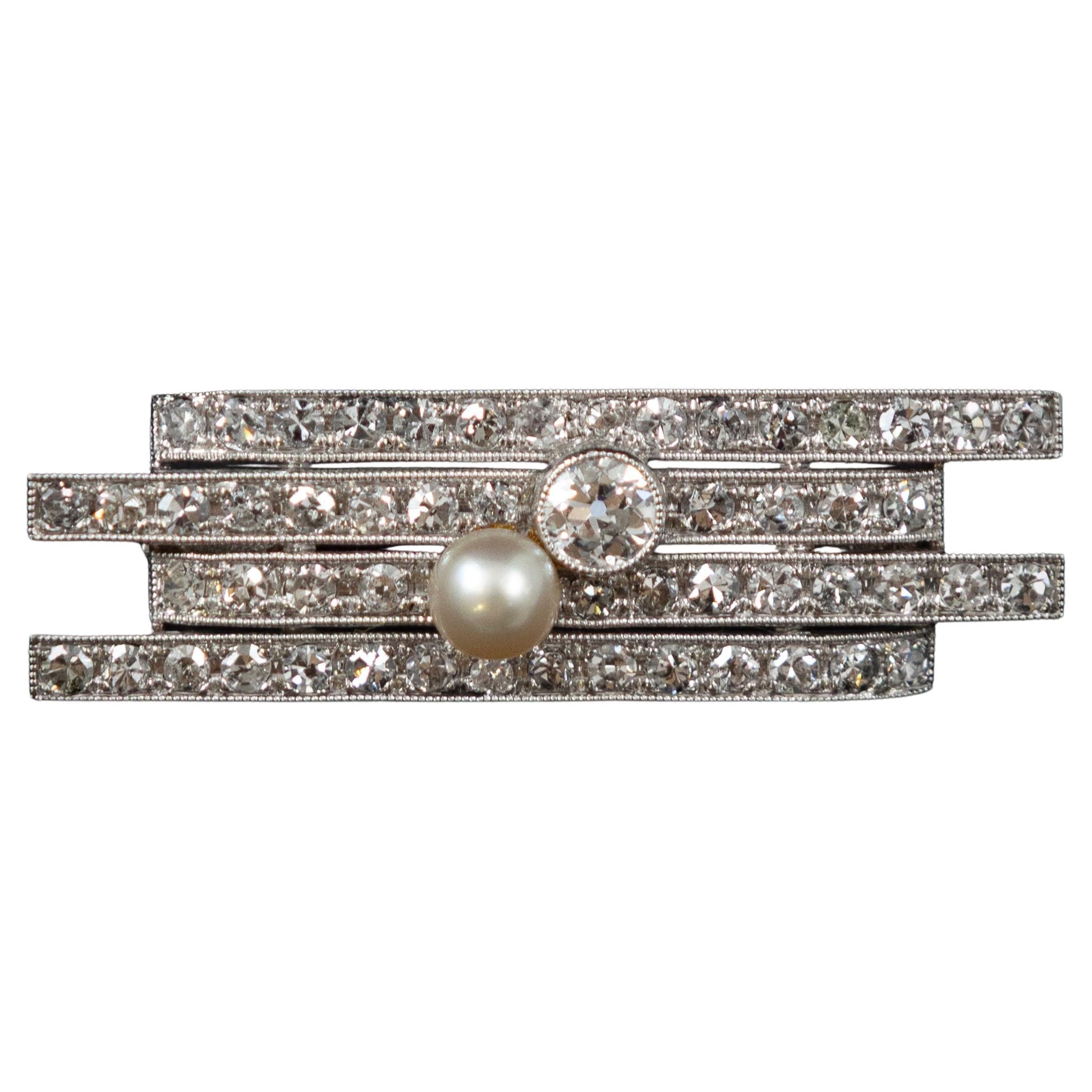 Art Decó Crema Perla Natural Diamante Placa Geométrica Broche Platino Años 30