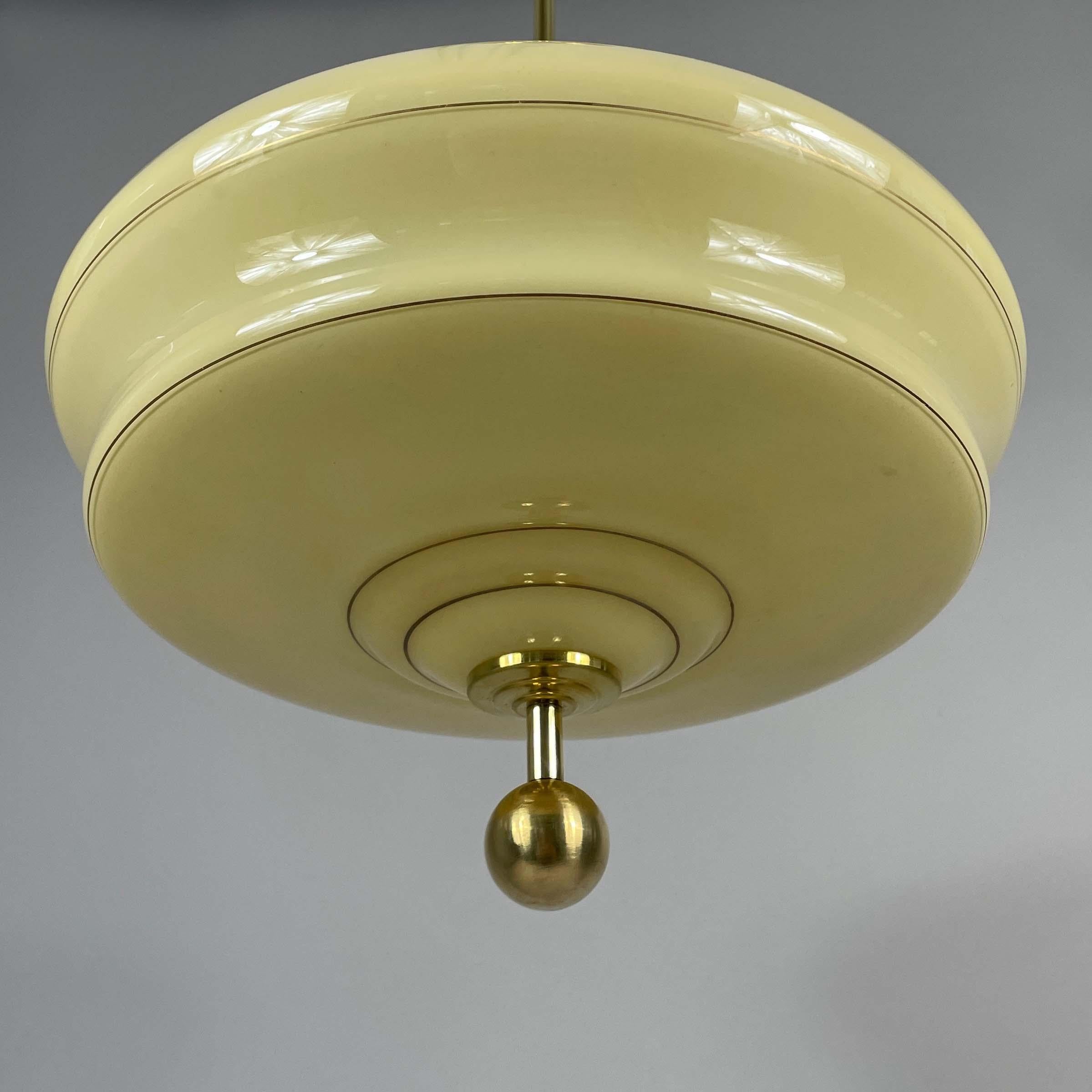 Art Deco Cream Opaline & Brass Pendant, Sweden 1940s 9