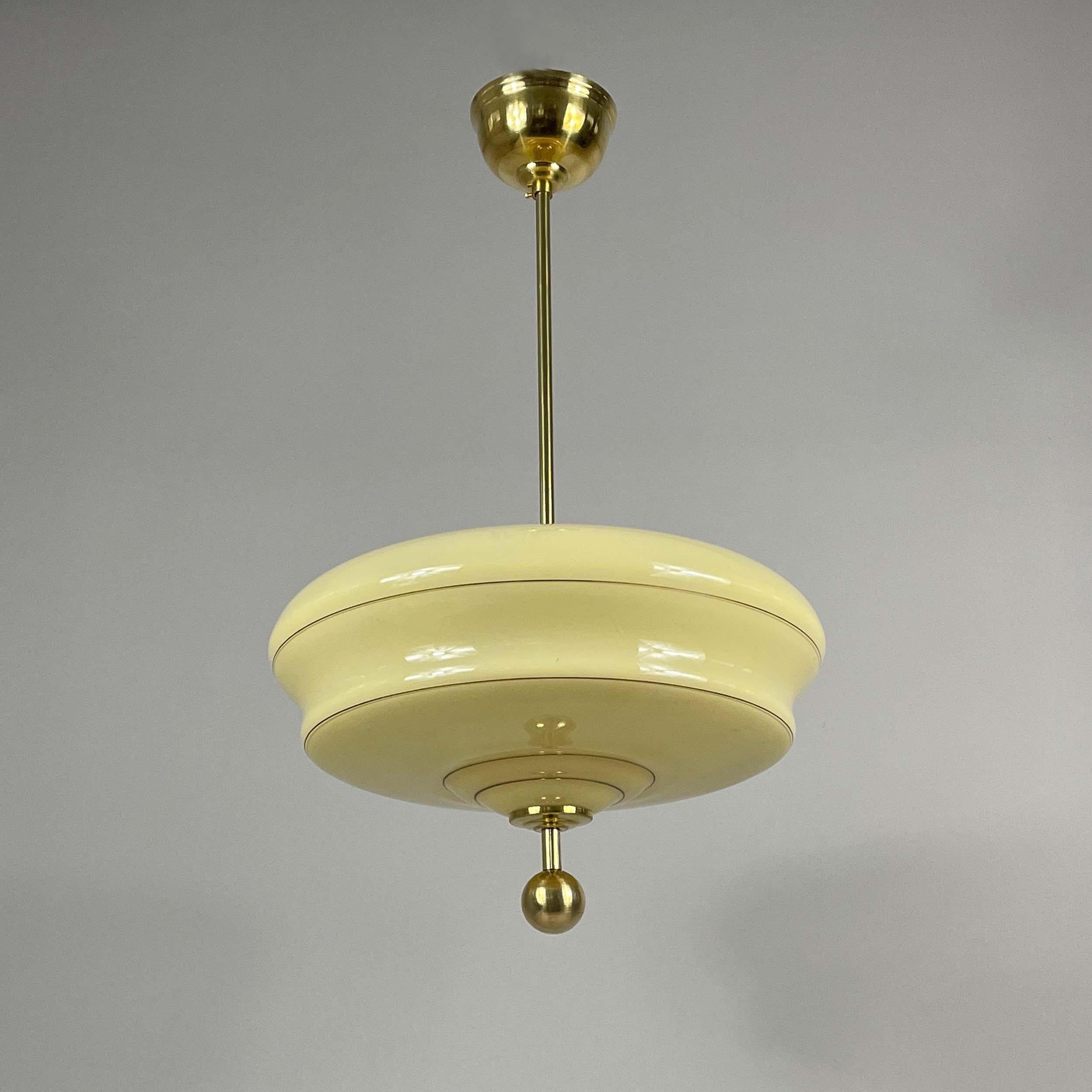 Art Deco Cream Opaline & Brass Pendant, Sweden 1940s 10