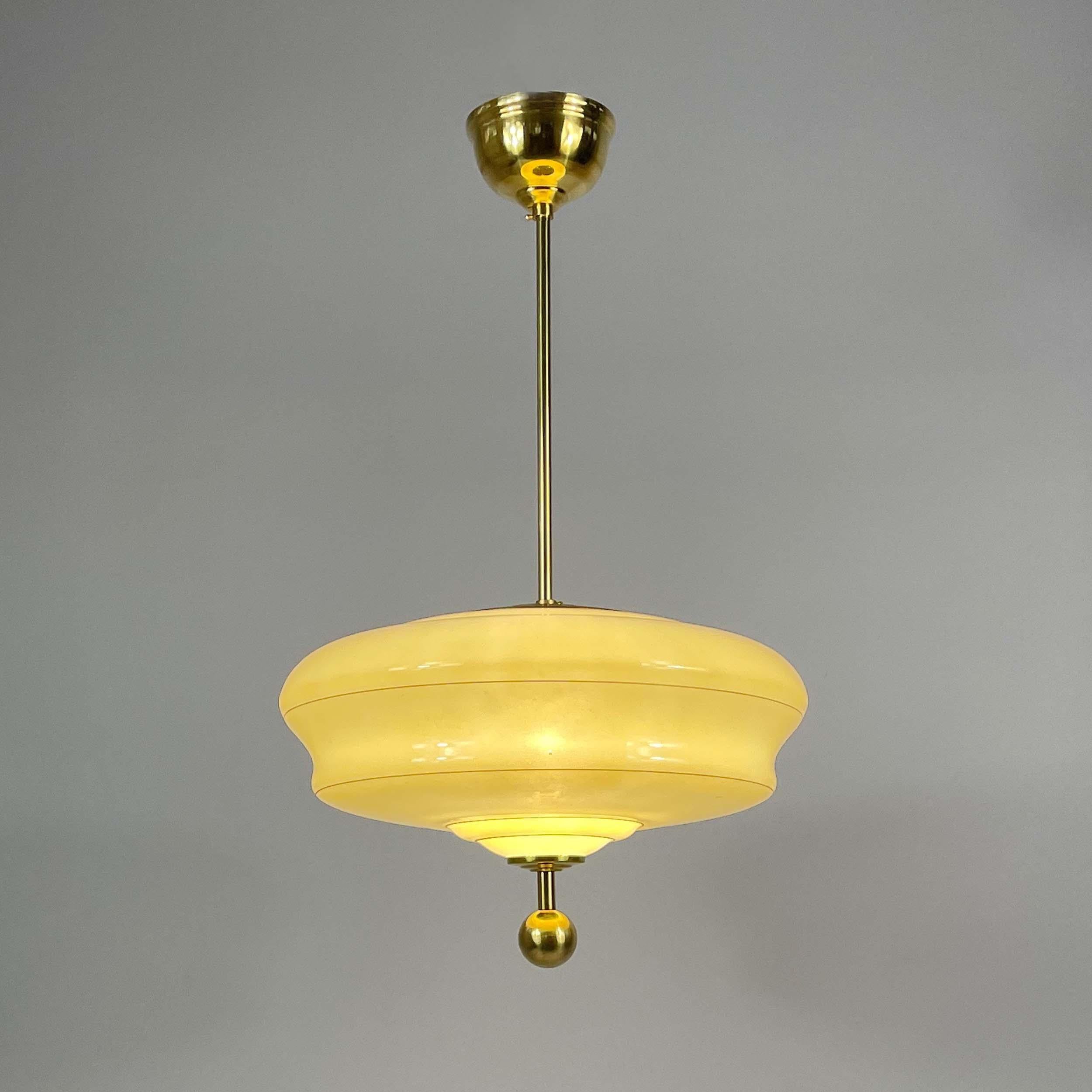 Swedish Art Deco Cream Opaline & Brass Pendant, Sweden 1940s
