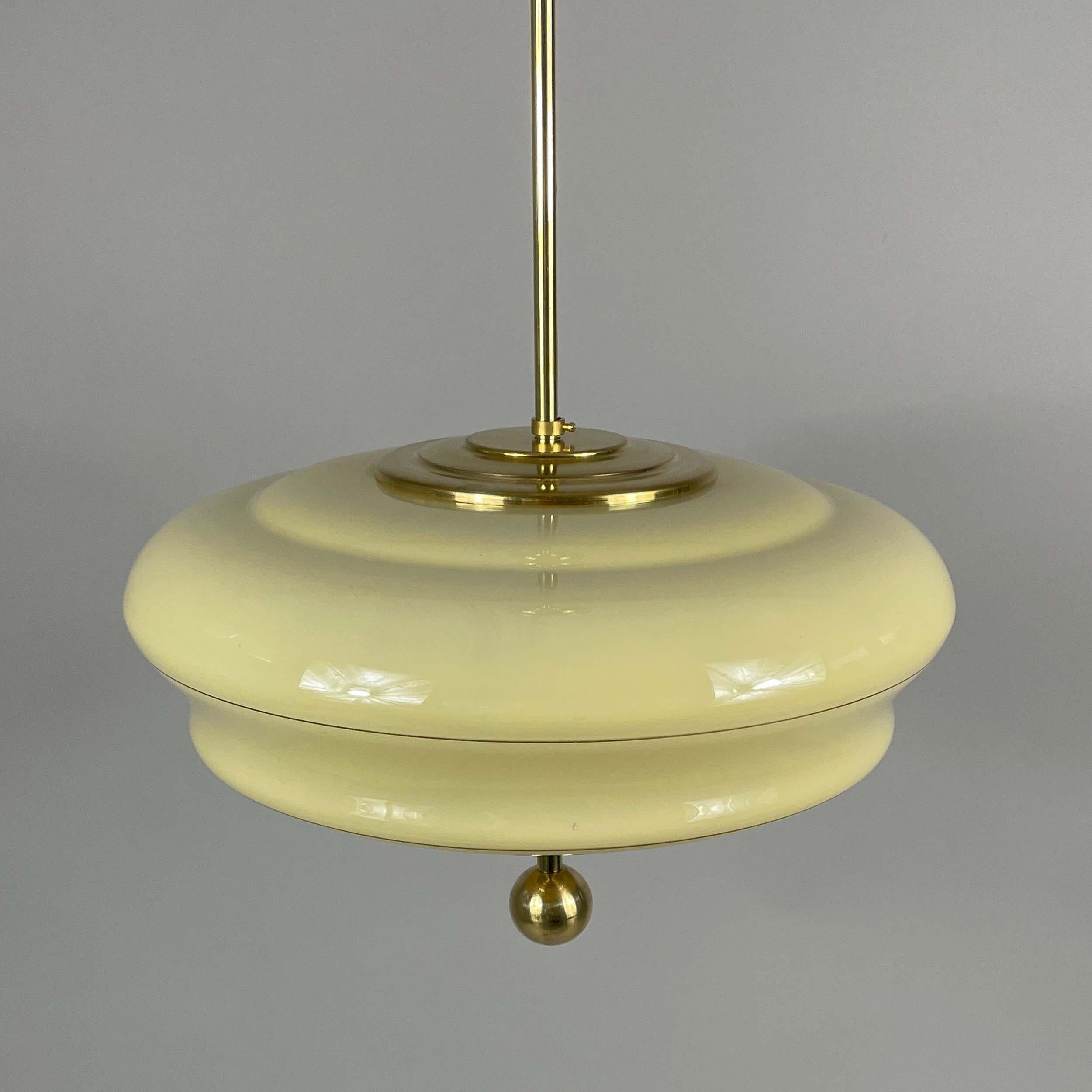 Art Deco Cream Opaline & Brass Pendant, Sweden 1940s 1