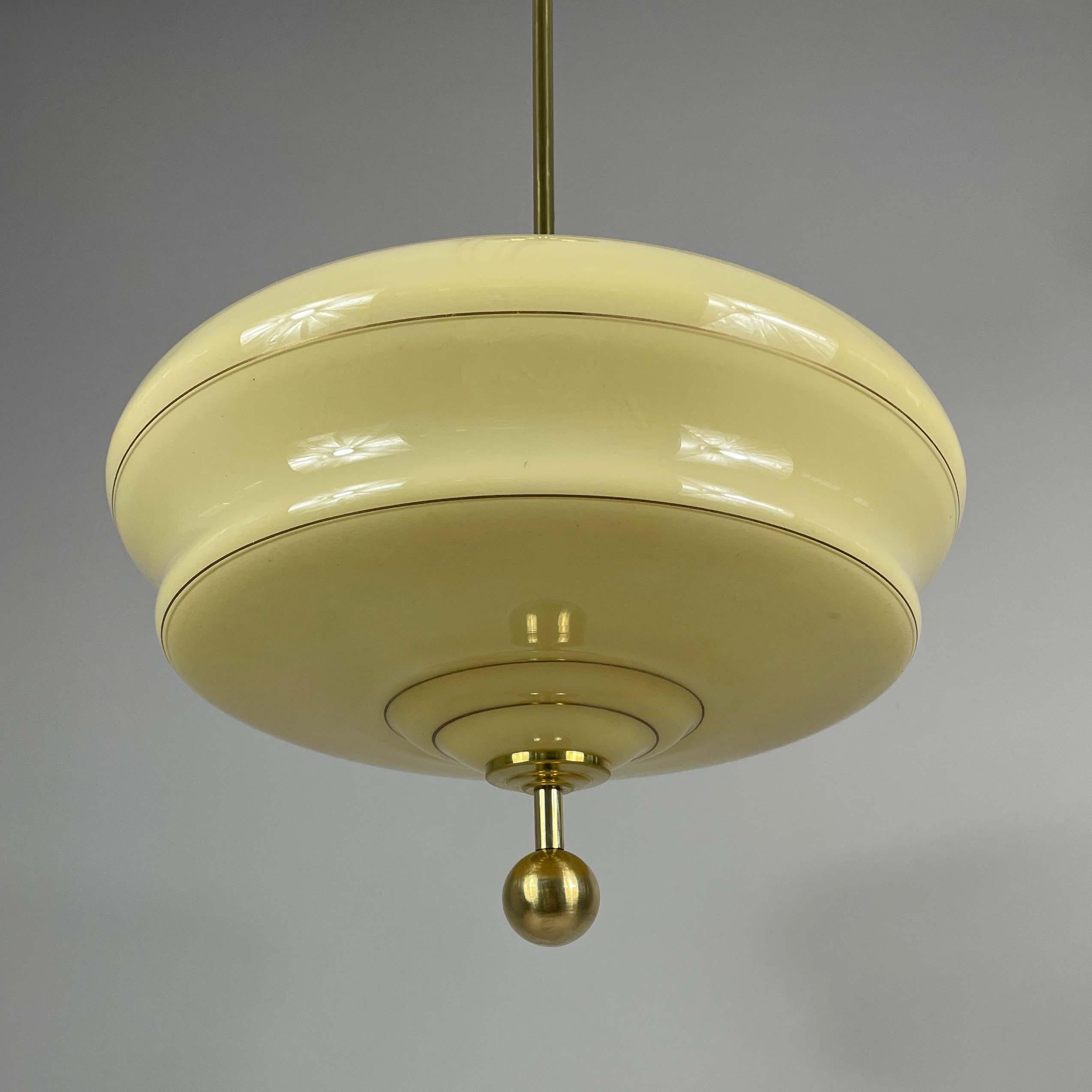 Art Deco Cream Opaline & Brass Pendant, Sweden 1940s 3