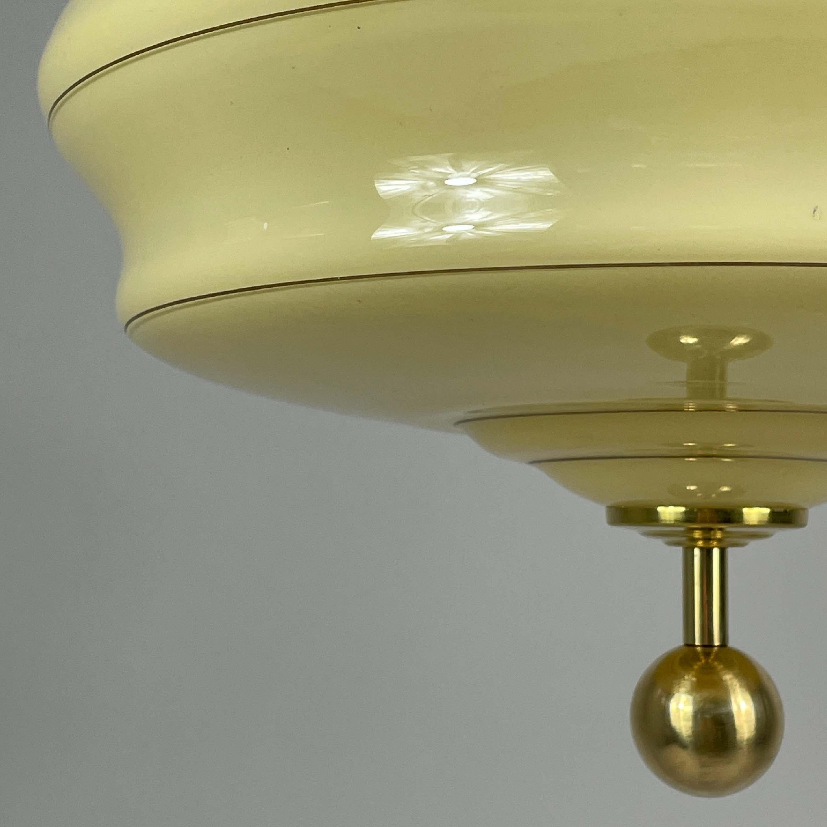 Art Deco Cream Opaline & Brass Pendant, Sweden 1940s 4